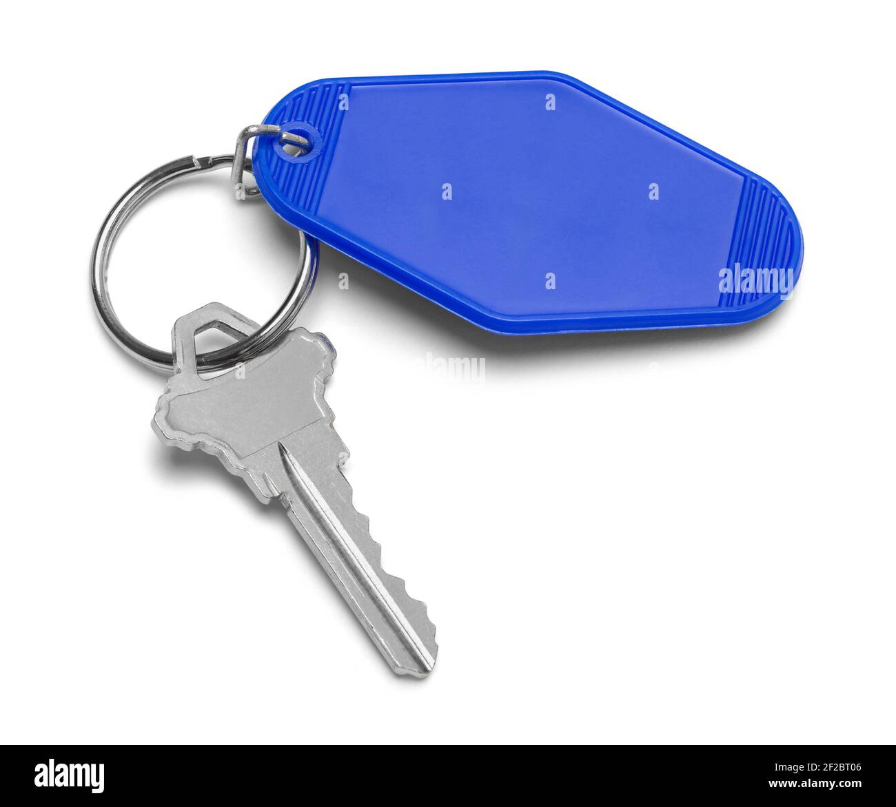 Motel Key With Blue Palstic Tag Cut Out. Stock Photo