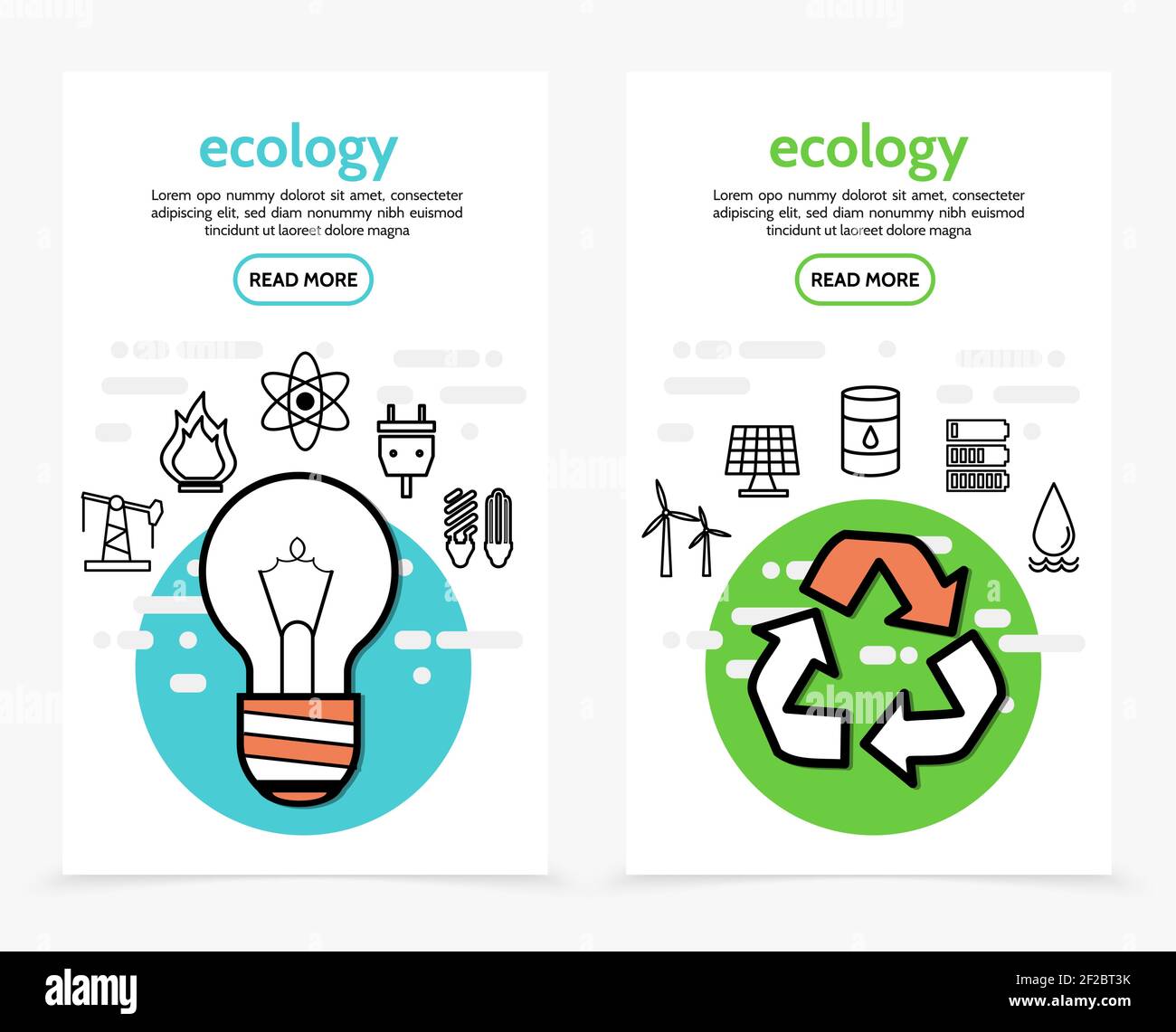 Ecology and energy vertical banners with bulb drilling rig fire plug socket windmill solar panel