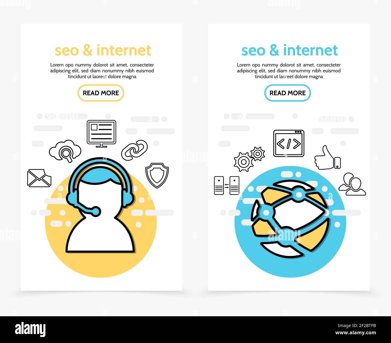 Internet technology vertical banners with operator message search monitor web security globe data exchange like sign gears navigation line icons vecto Stock Vector