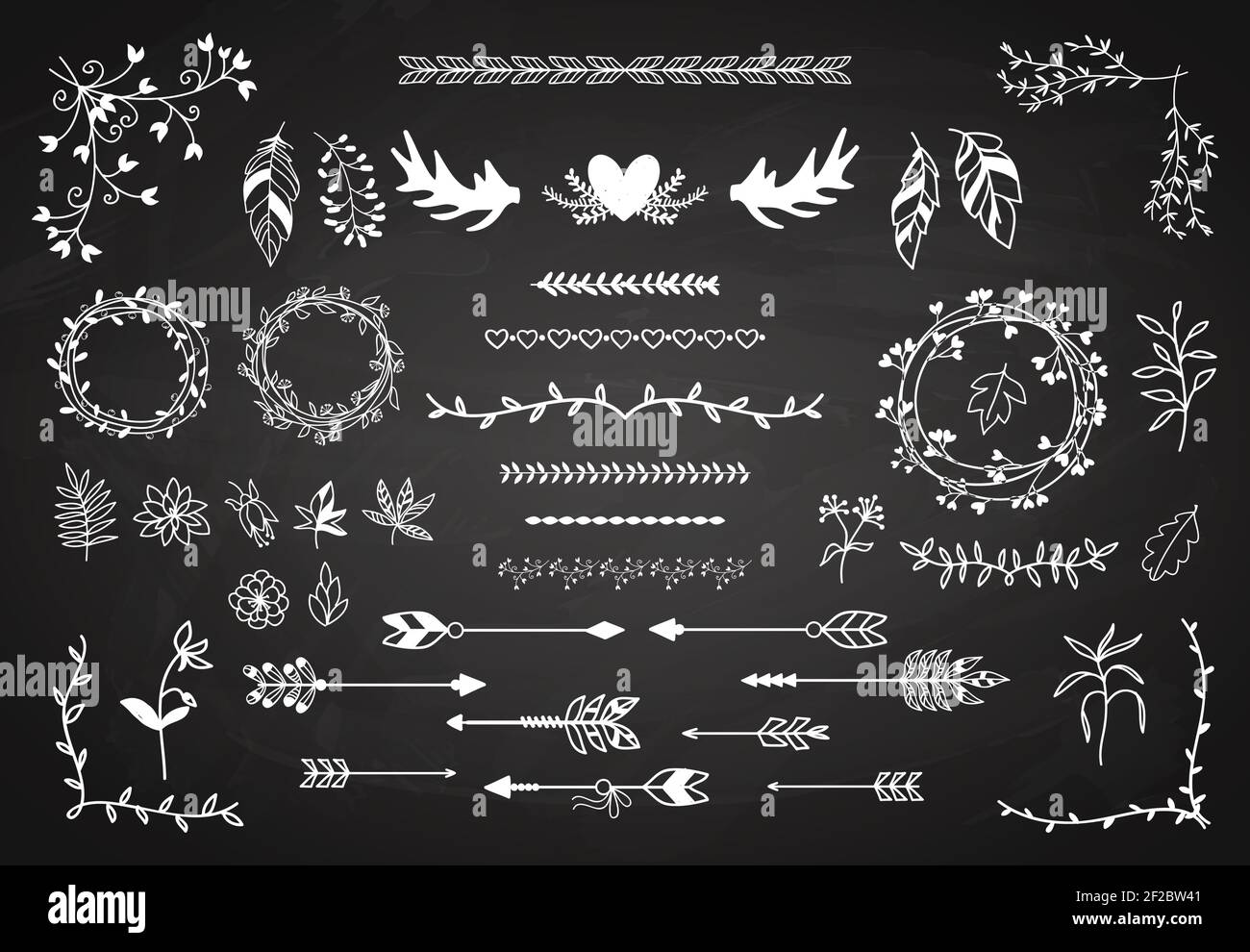 Floral boho element set. Arrows and horns, feathers and wreaths ...