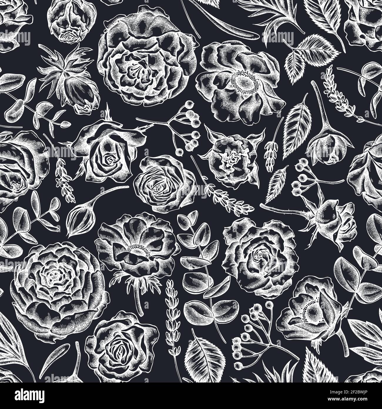 Seamless pattern with hand drawn chalk roses, anemone, eucalyptus ...