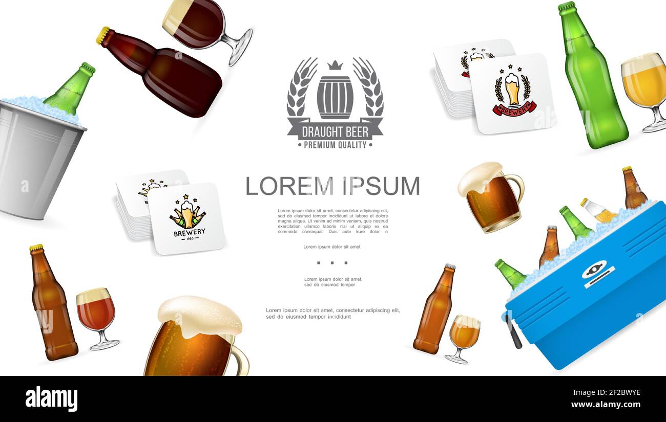 Realistic brewing colorful concept with beer bottles in ice box and