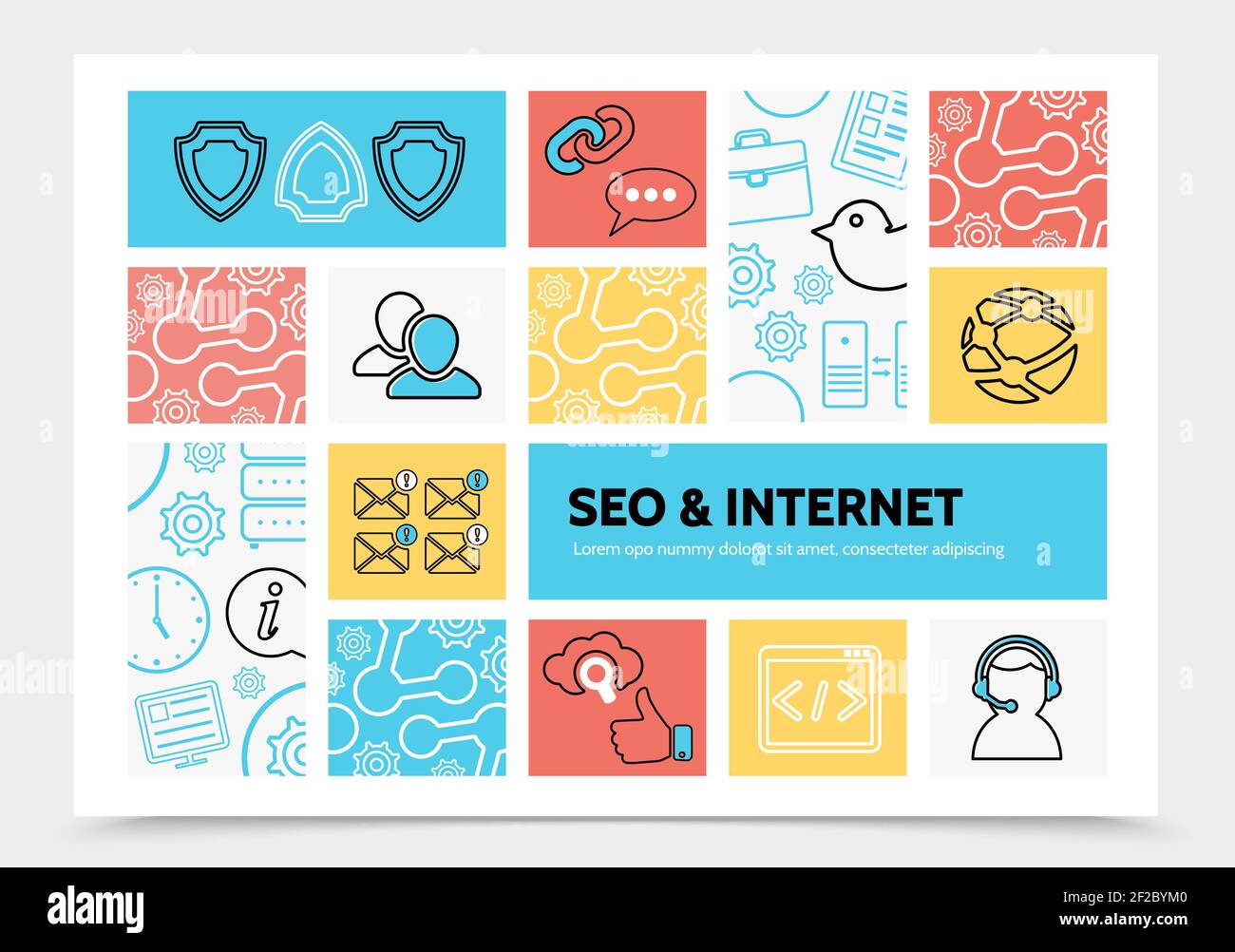 Internet infographic template with security cloud seo optimization bird operator clock message like sign search globe web navigation line icons vector Stock Vector