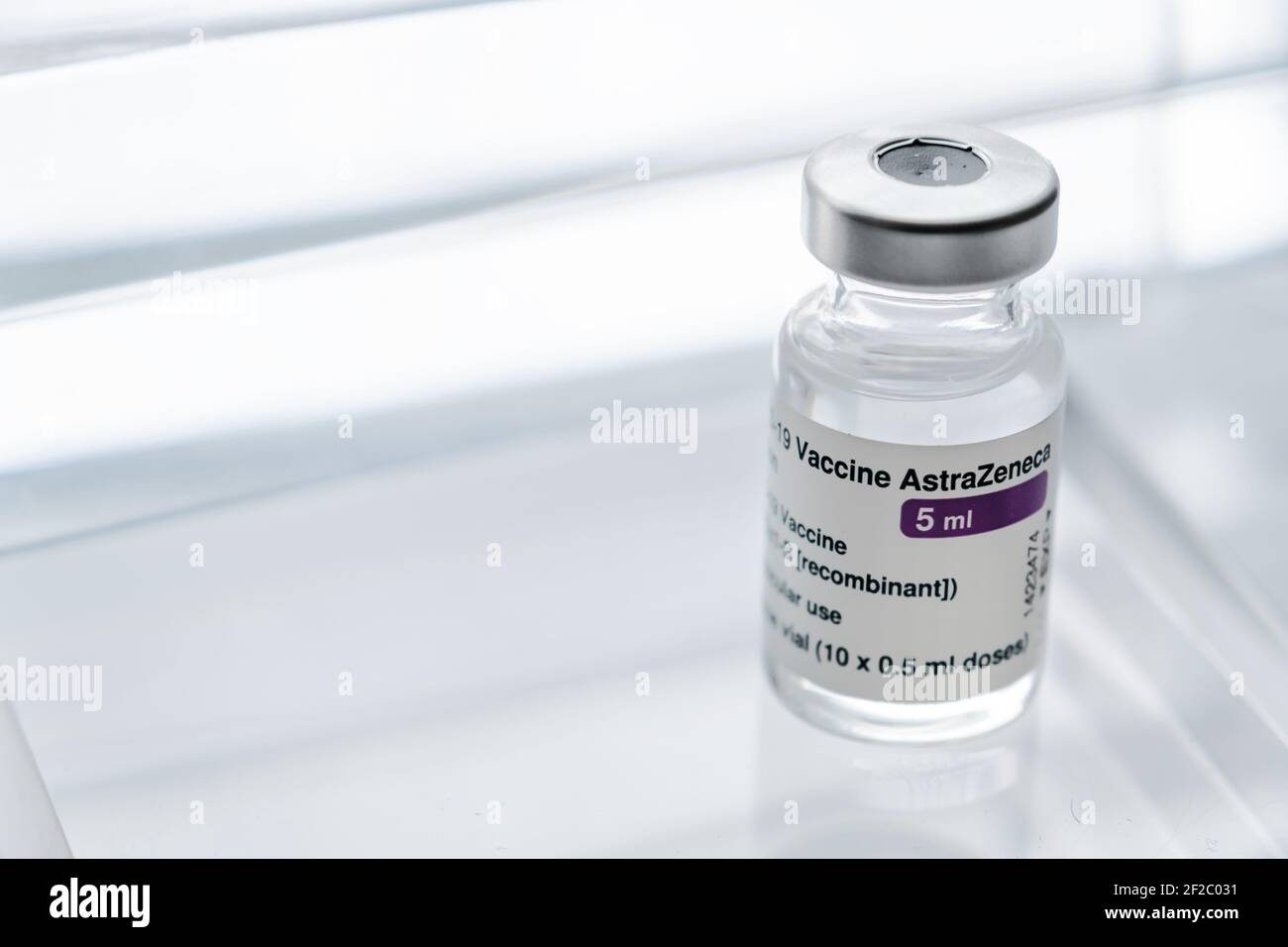 Montreal, CA - 11 March 2021: Vial of Astrazeneca Covid-19 vaccine Stock Photo