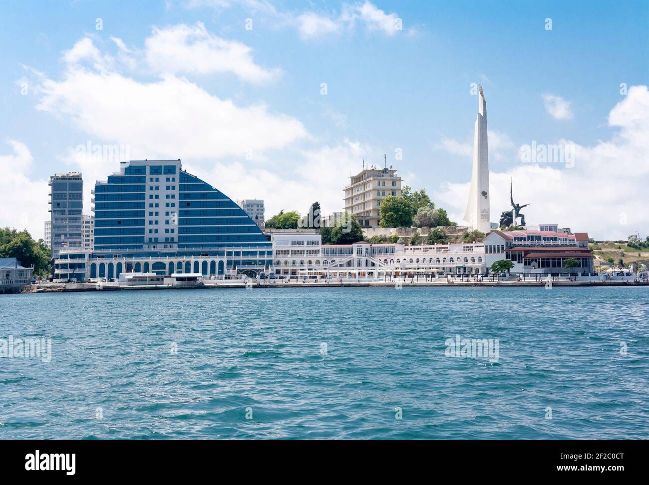 View of the city of Sevastopol, monument and obelisk from the sea Stock Photo