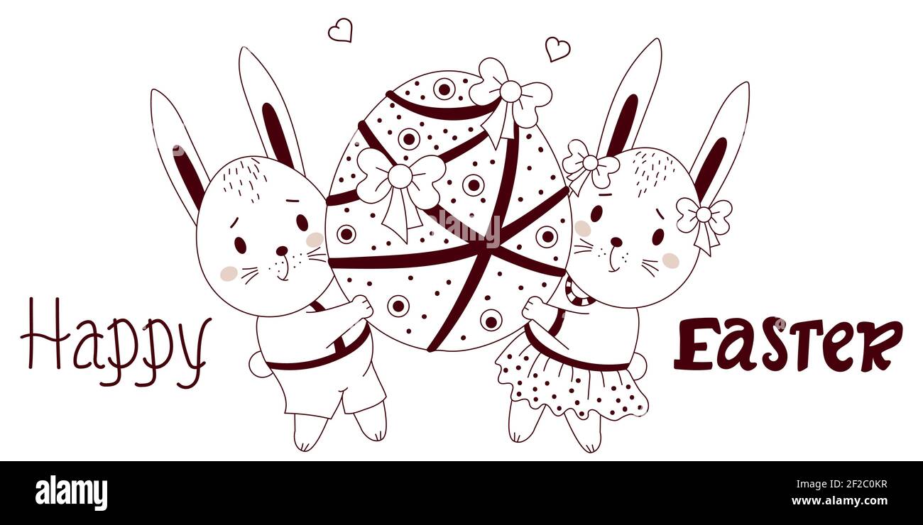 Happy Easter - greeting card with cute Easter bunnies. A boy and a girl are holding a large Easter egg with decor and ribbons. Vector illustration, ou Stock Vector