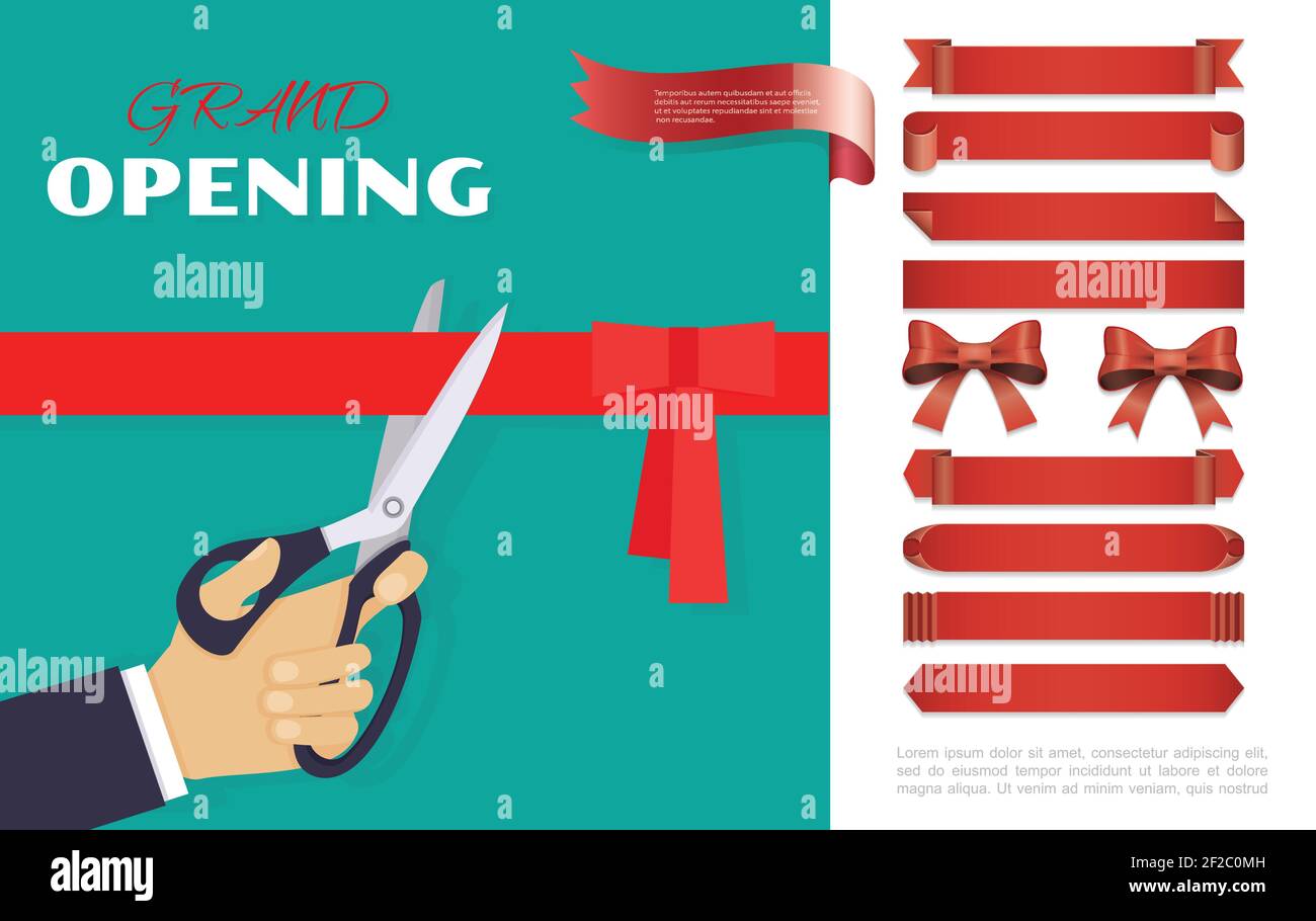 Scissors cut the red ribbon with a bow Stock Vector by
