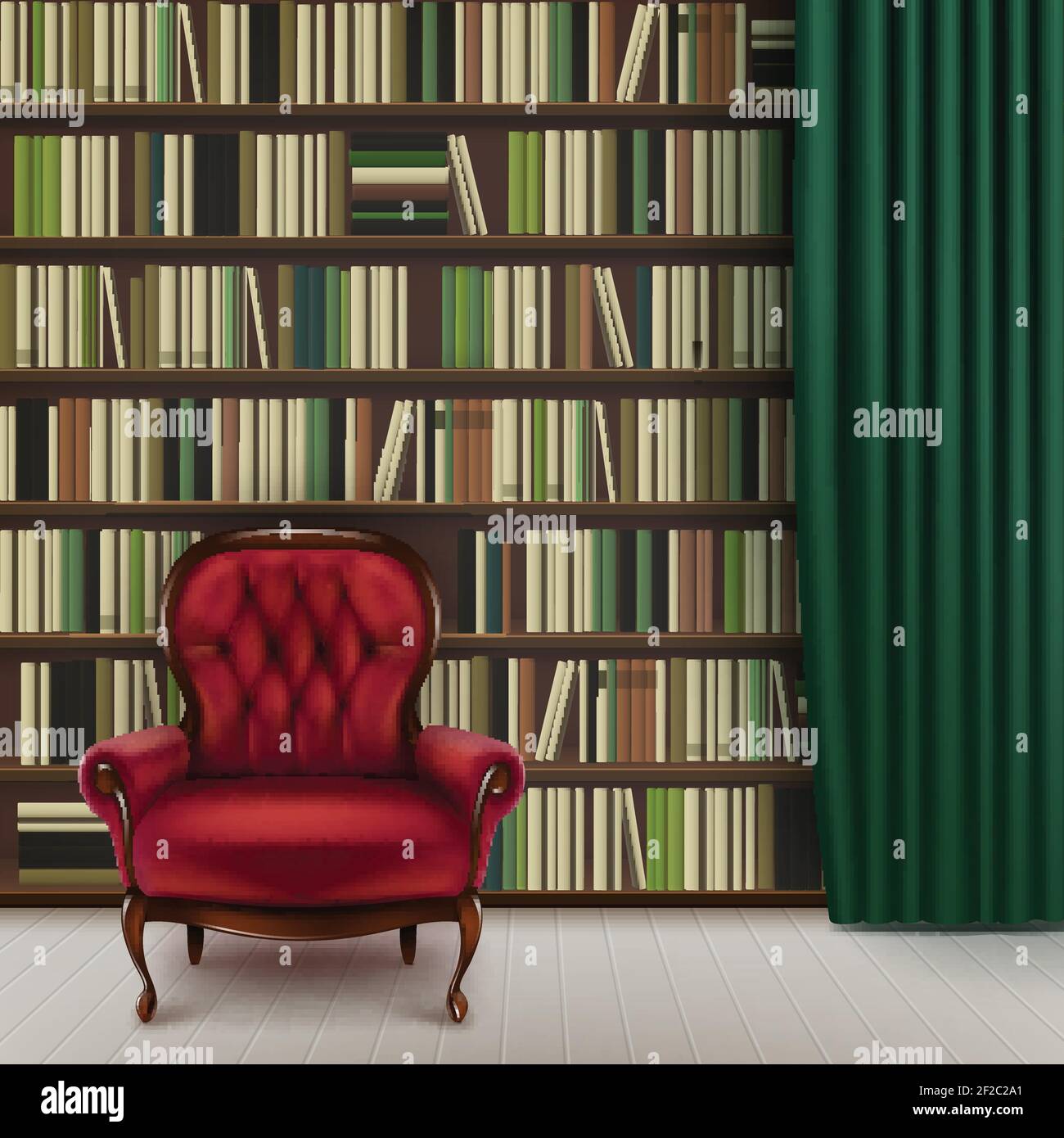 Vector home library interior with large bookcase full of different books, vintage red armchair and dark green curtain Stock Vector