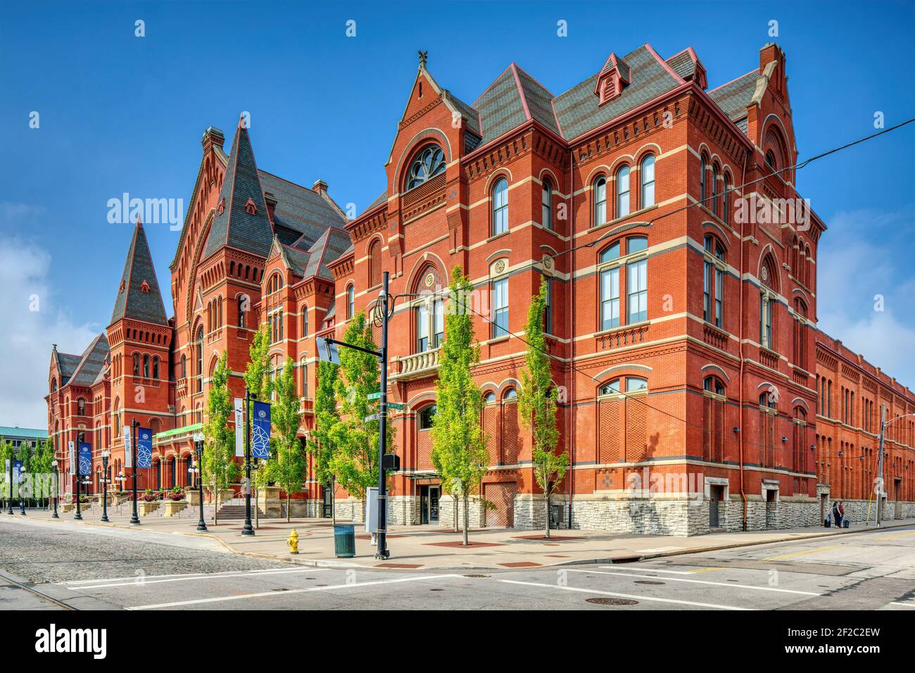 The landmark Cincinnati Music Hall is located in Cincy's Over-the-Rhine section. The performing arts center faces Washington Park on Elm Street. Stock Photo