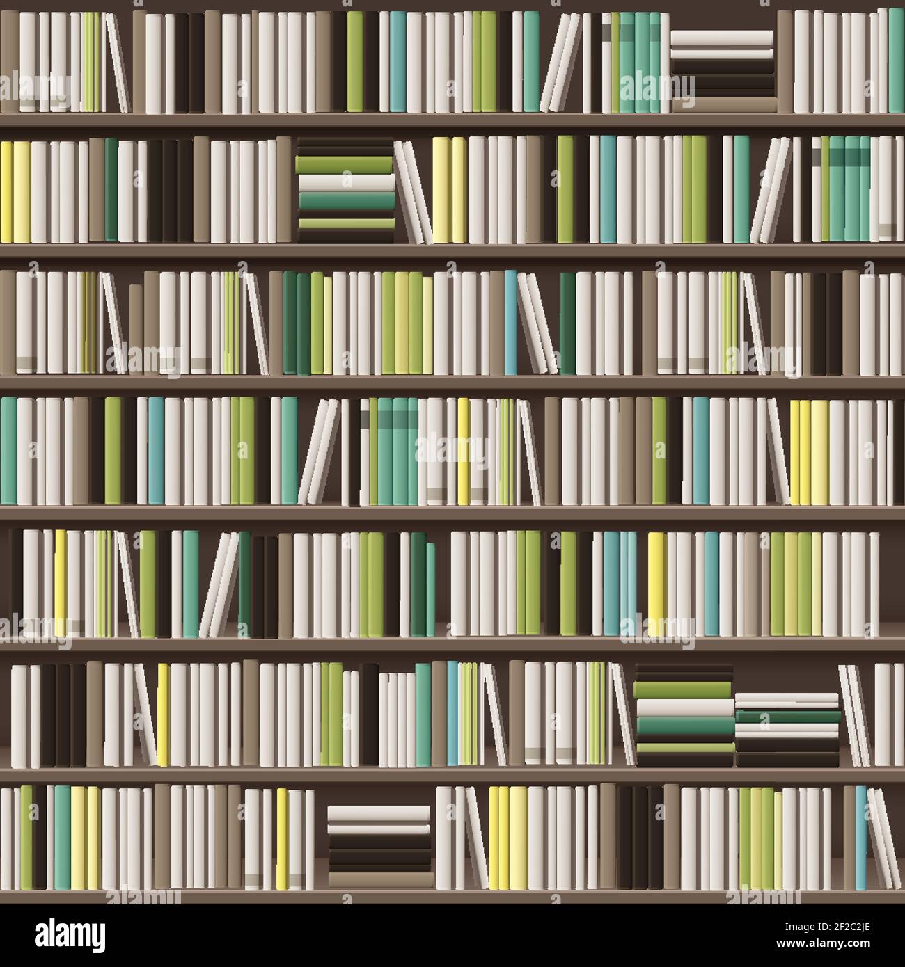 Vector large library bookcase background full of different white, yellow, green and brown books Stock Vector