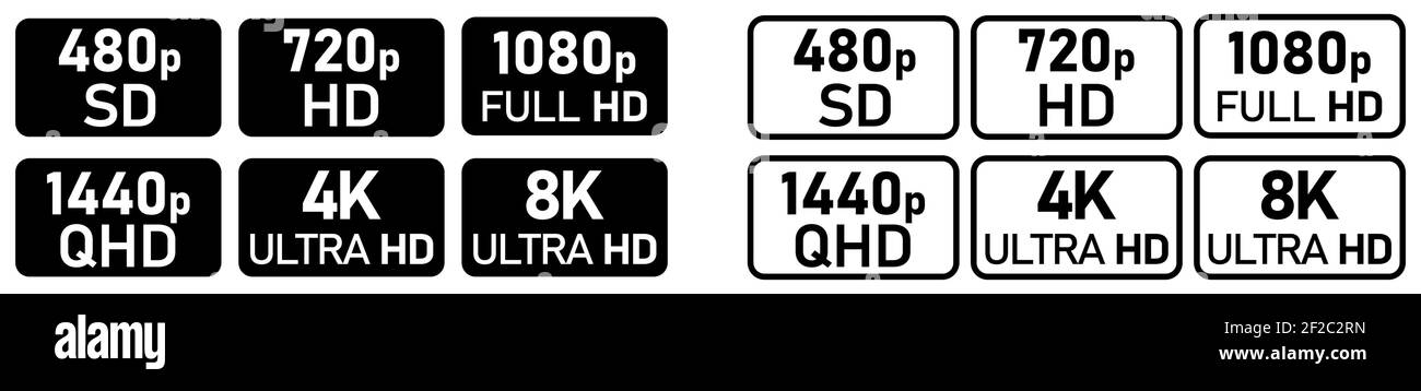 Set of simple video or movie resolution icons, number in rounded rectangle, black and white version Stock Vector