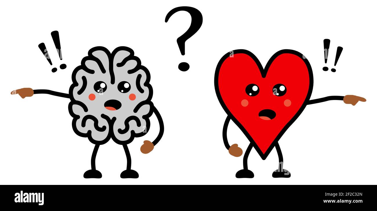 Cute Kawaii style disagreeing brain and heart icon, emotions and rational thinking conflict concept Stock Vector
