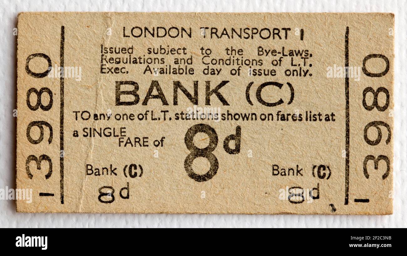 Old London Transport Underground or Tube Ticket from Bank Station Stock