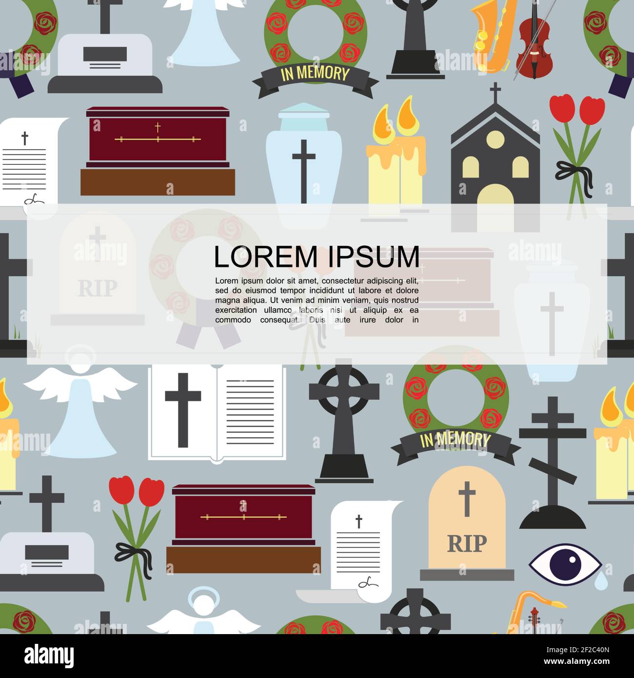 Flat funeral colored icons seamless pattern with cemetery crosses bible