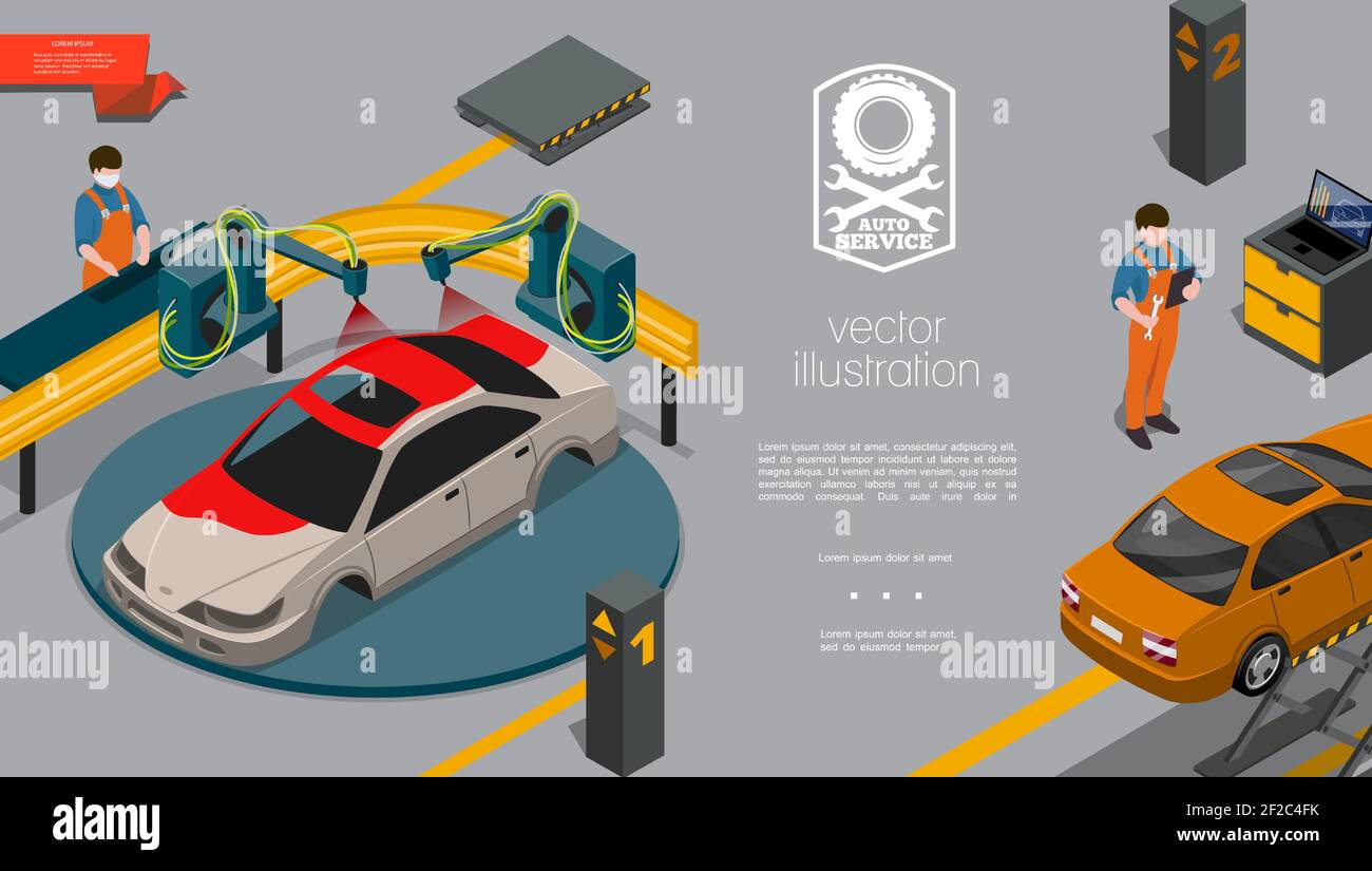 Isometric auto repair center concept with mechanics in uniform cars ...