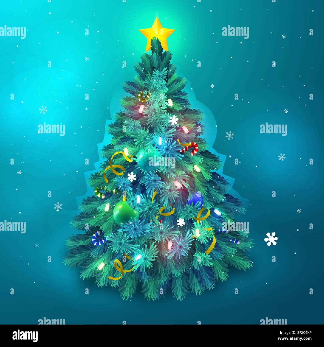 Beautiful christmas tree decorated with star baubles and lights ...