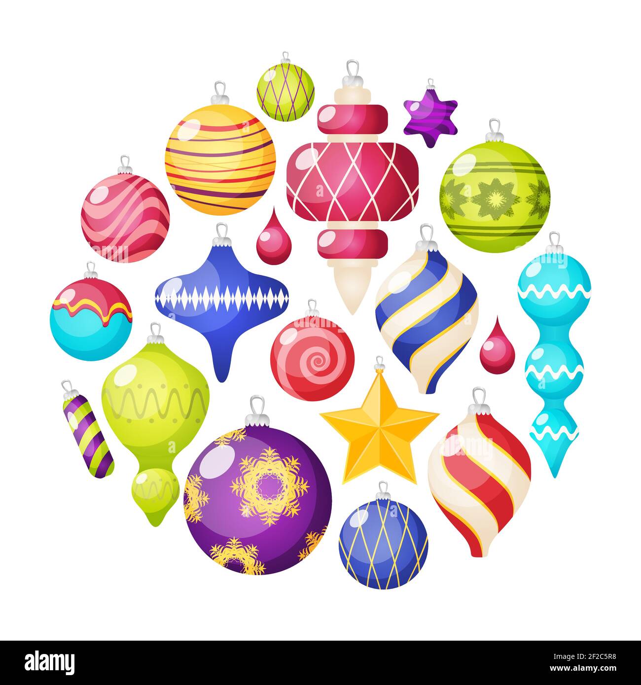 Christmas decorations icons set in circle shape with embellished balls