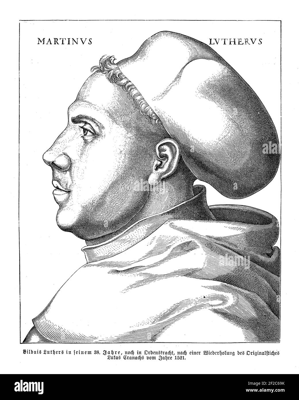 Martin Luther portrait in his 38 years, by Lucas Cranach German Renaissance printmaker, year 1521 Stock Photo