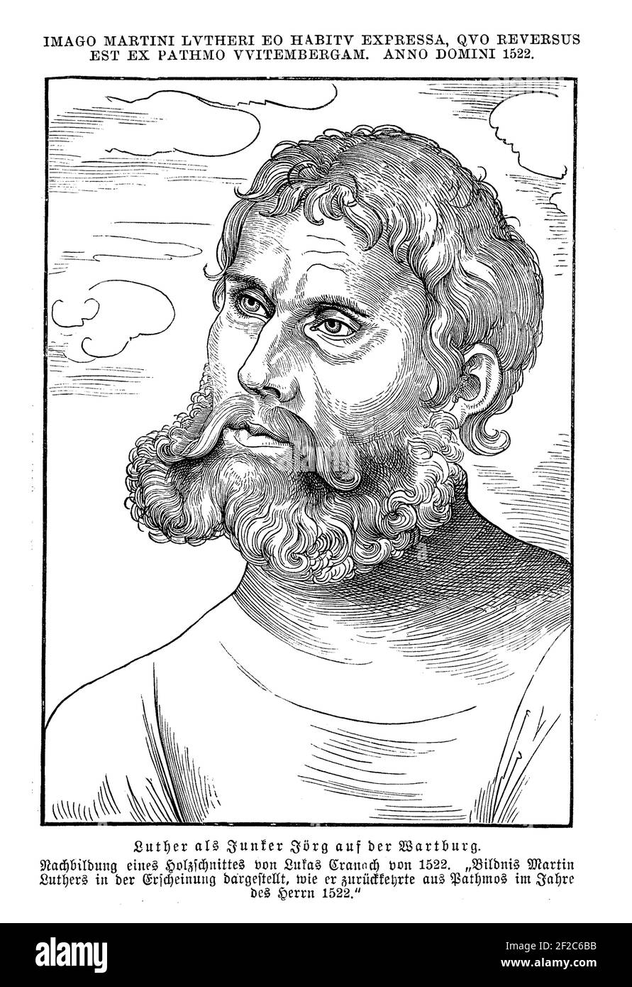 Martin Luther as Junker Joerg in disguise with beard at Wartburg in year 1522, where translated the Greek new Testament in German, engraving by Lucas Cranach Stock Photo