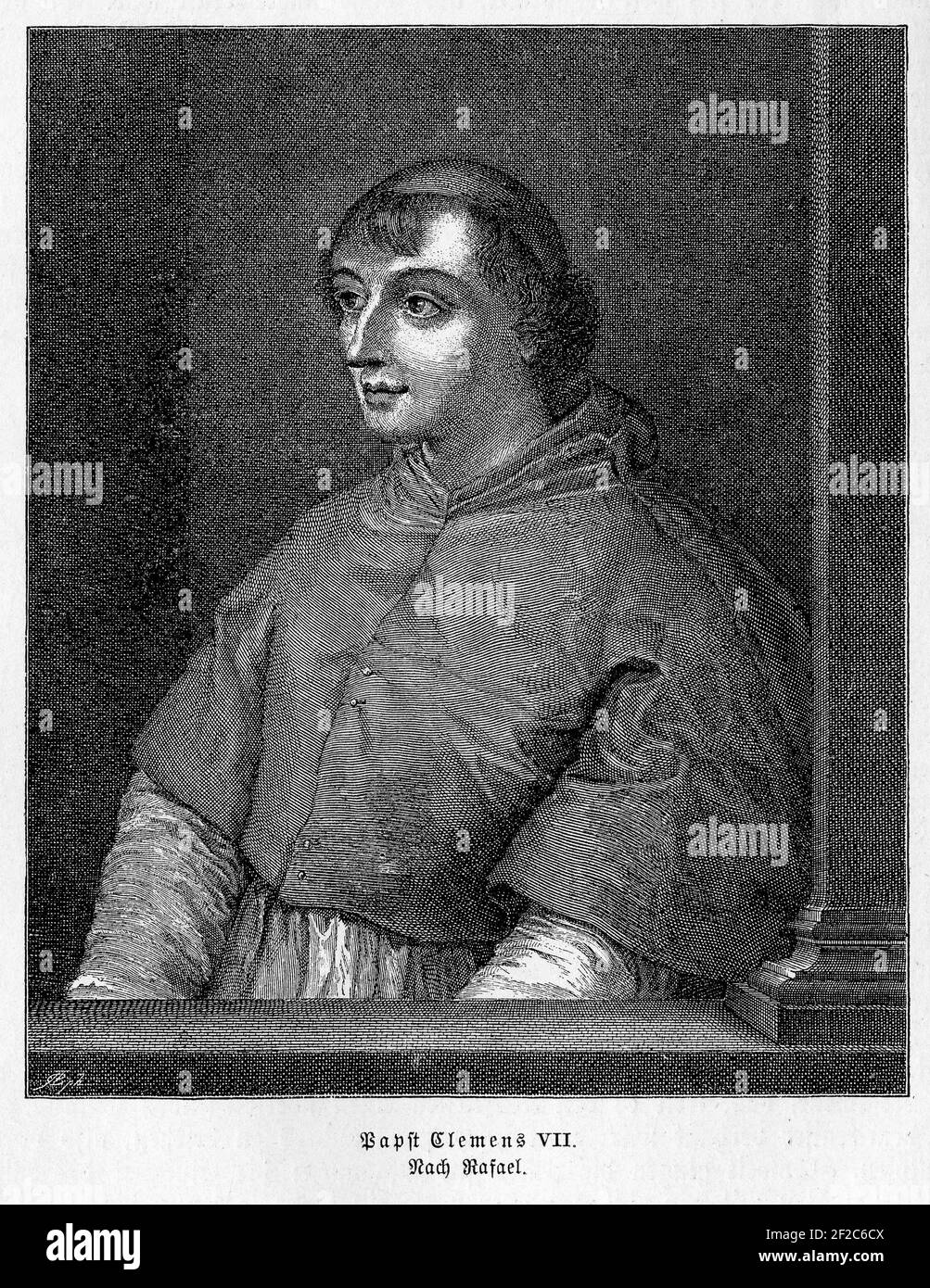 Pope Clement VII ( 1478 -  1534), born Giulio de' Medici,was pope in hard times with the Protestant Reformation spreading, the bankruptcy of the Church and foreign armies invading Italy, engraving portrait at young age from a painting by Rafael Stock Photo