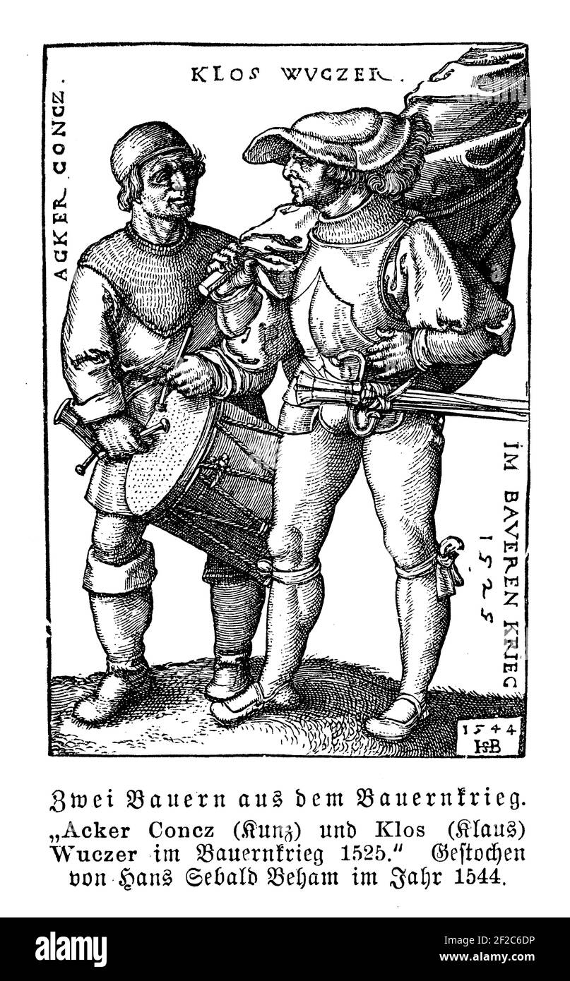 Two peasants going to the peasant war with drum, stendard and sword, Germany 1544, engraving by Sebald Beham printmaker Stock Photo