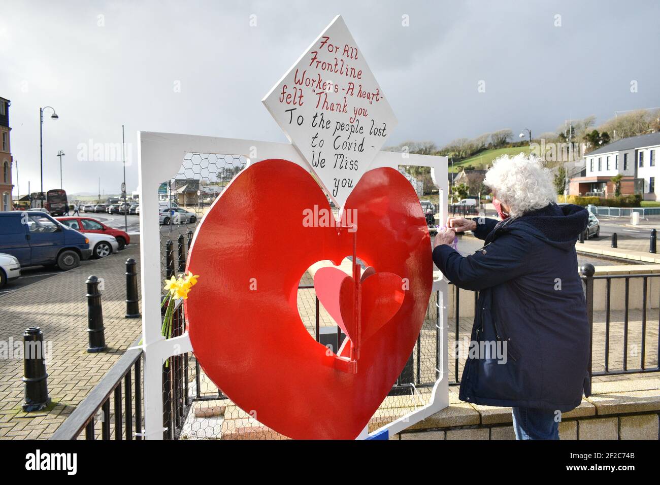 Bantry, West Cork, Ireland. 11th Mar, 2021. Bantry Bay Lions club placed a big heart on Wolfe Tone Square. This gesture is to say a thank you to all the frontline workers for their work during Covid 19 times, it also shows support to those families whose members are no longer with them. Credit: Karlis Dzjamko/Alamy Live News Stock Photo