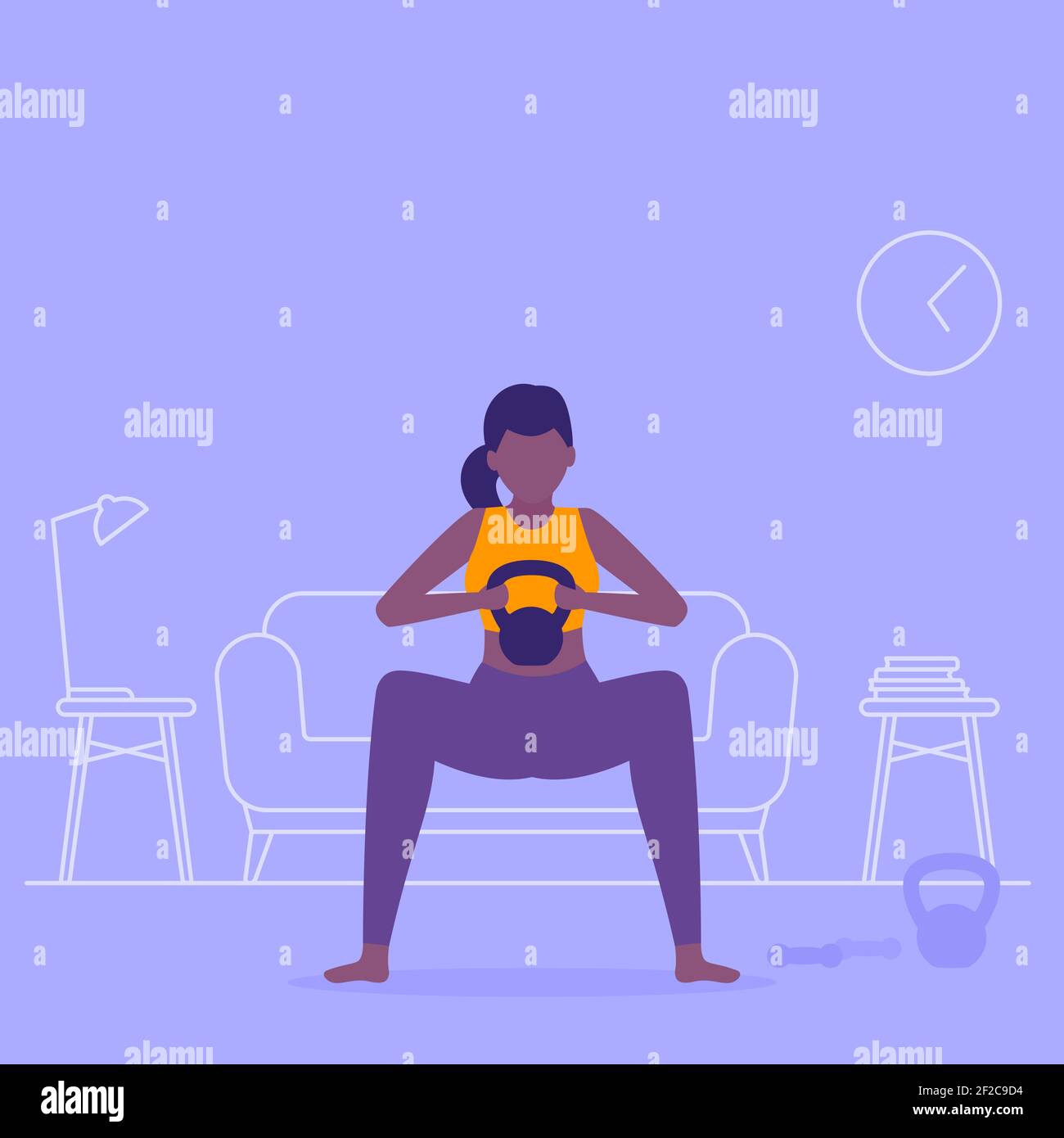girl training at home, doing squat, workout Stock Vector
