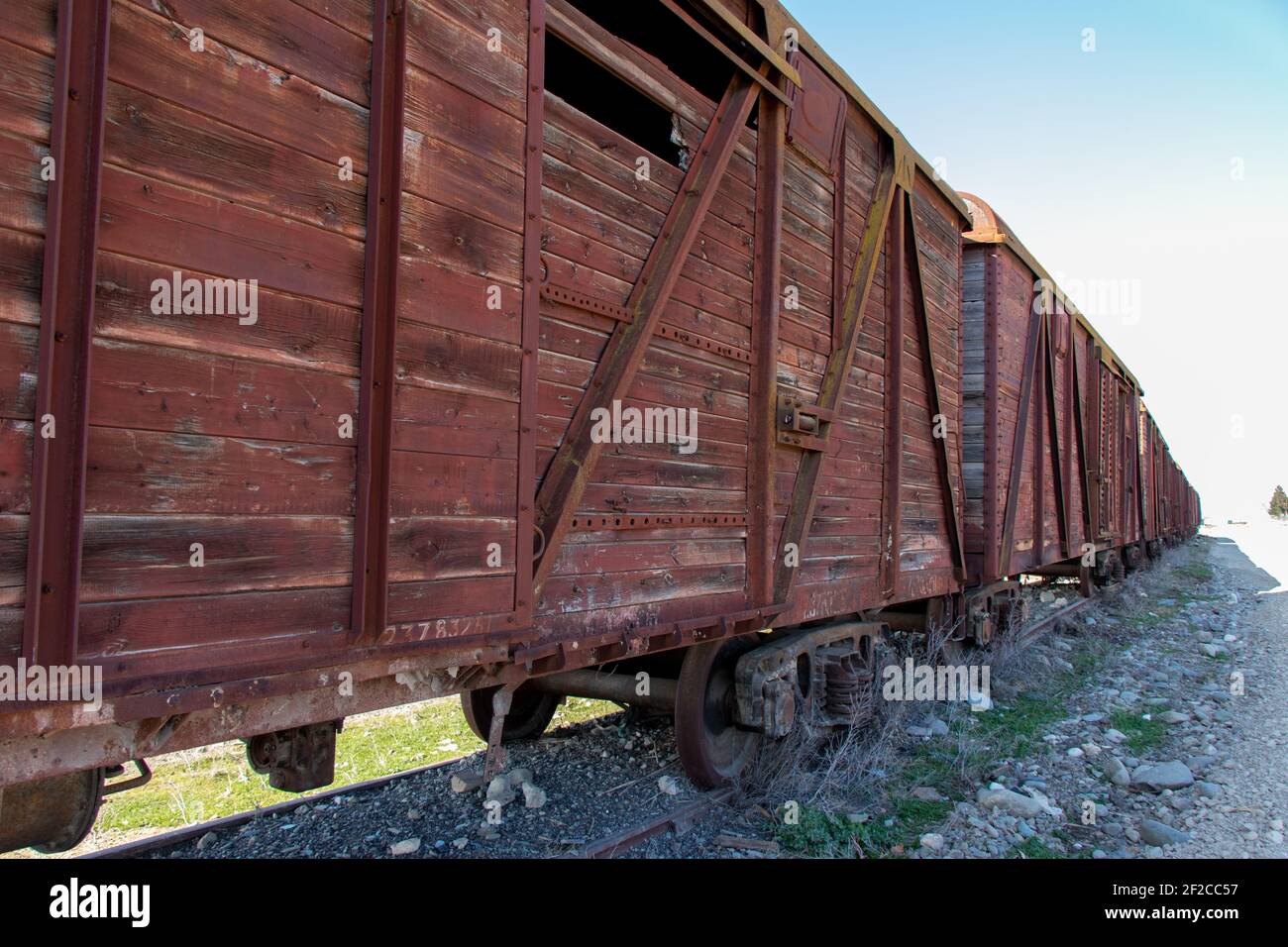 Vintage wooden train wagons. Soviet style freight trains. Retro style Stock Photo