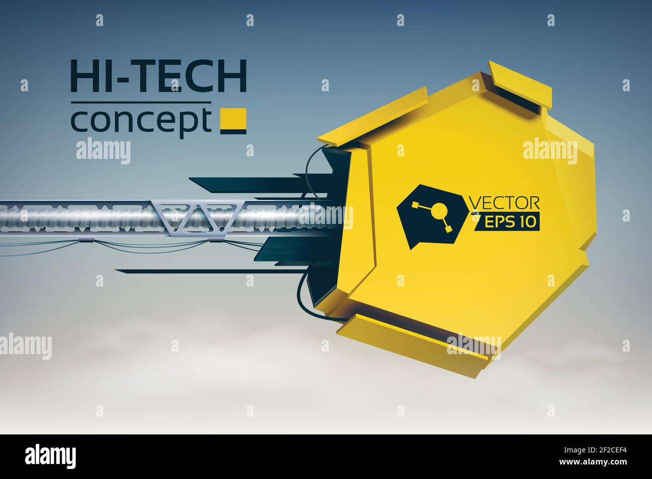 Abstract futuristic background with yellow mechanical object on metal ...