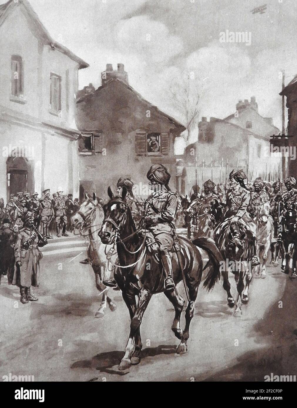 WWI - General Pertab Singh  aka  Pratap Singh) eadhing the Jodhpur Lancers through a french village    ---  Lieutenant-General Sir Pratap Singh,  ( 1845 –  1922)  was a career British Indian Army officer as well as being the Maharaja of the princely state of Idar (Gujarat) . He was close to Queen Victoria and the British Royal family and served as  aide-de-camp to Edward VII . Stock Photo