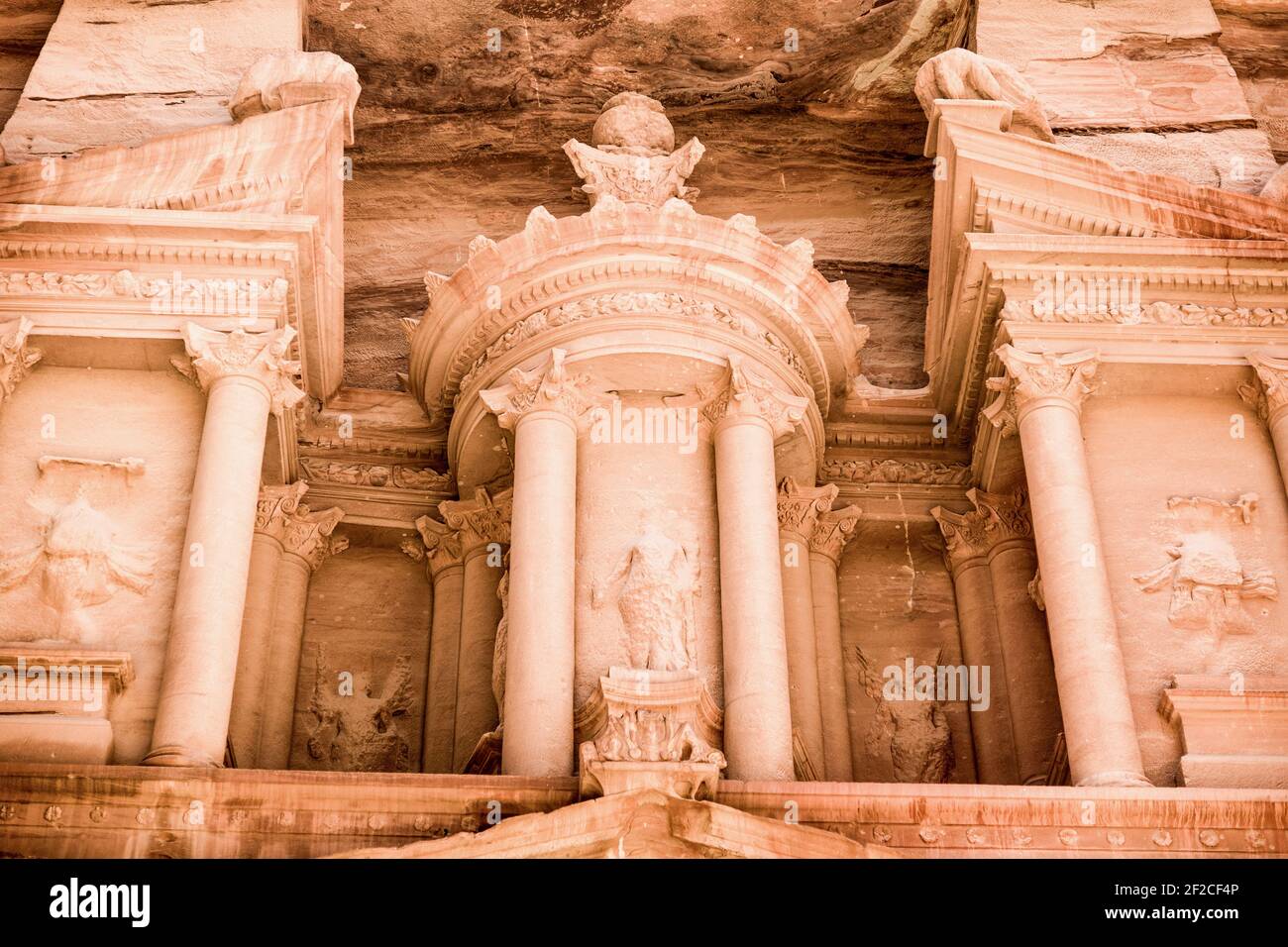 Front view of facade of Al-Khazneh temple - The Treasury - in Arab Nabatean Kingdom city of Petra, Jordan Stock Photo