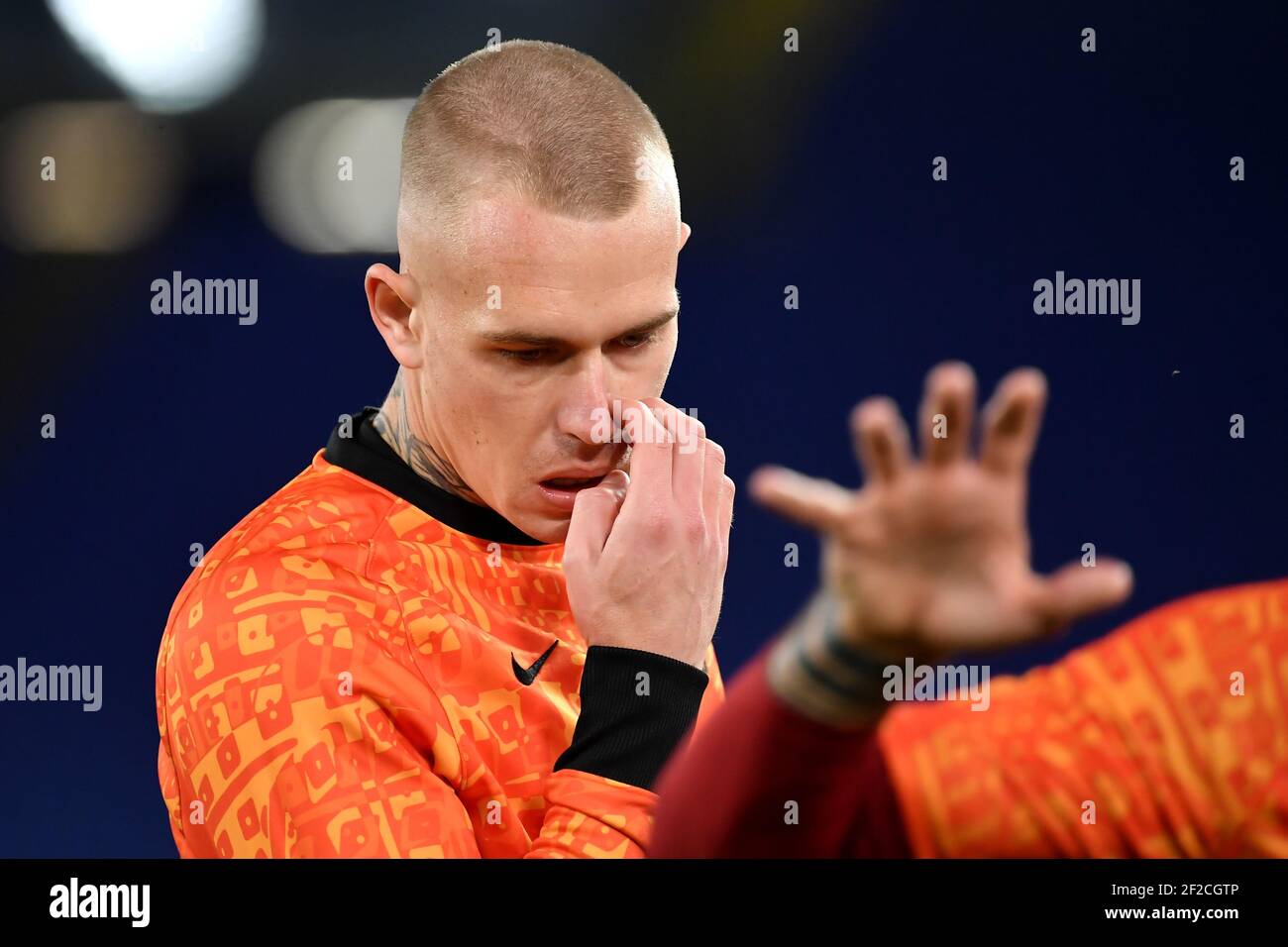 Rome, Italy. 11th Mar, 2021. Rick Karsdorp of AS Roma warms up during the Europa League round of 16 football match between AS Roma and FC Shakhtar Donetsk at Stadio Olimpico in Rome (Italy), March, 11th, 2021. Photo Antonietta Baldassarre/Insidefoto Credit: insidefoto srl/Alamy Live News Stock Photo
