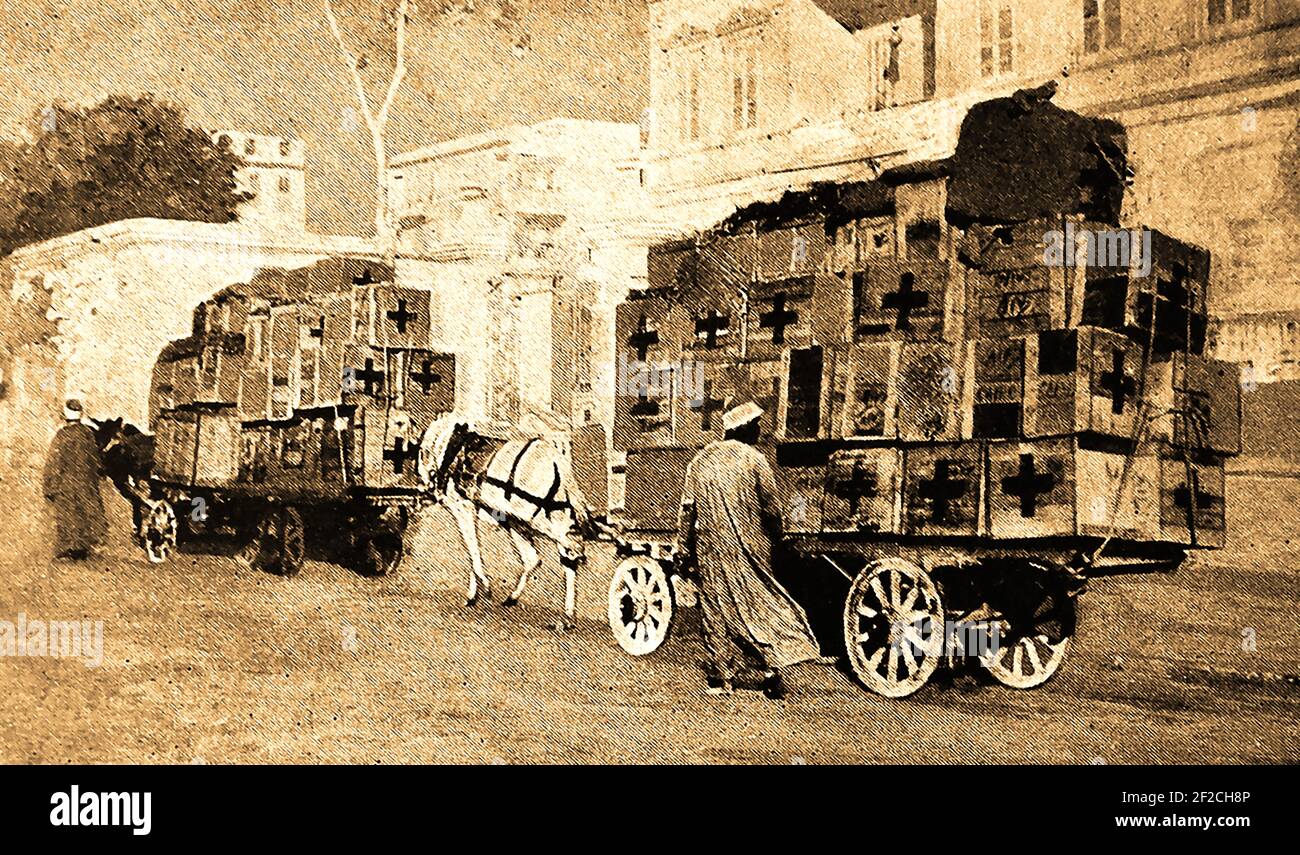 WWI- An old wartime printed photograph of  Red Cross supplies being transported to the Anzac hospital at Alexandria.  In the Gallipoli campaign, many troops were transported to  hospitals in Egypt and Malta. Stock Photo