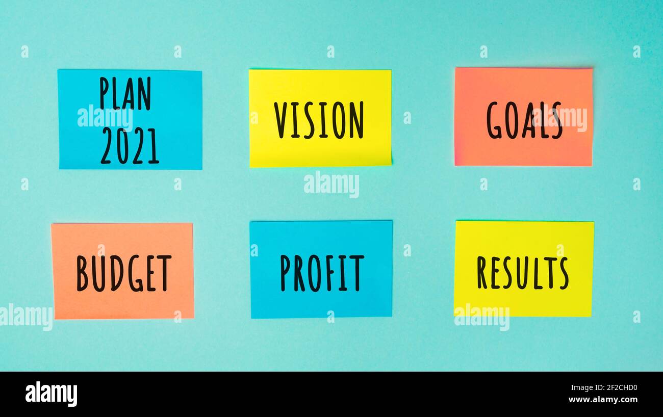 Colorful Stickers With The Words Plan 21 Vision Goals Budget Profit And Results Planning Plans And Tasks New Business Ideas Setting Goal Ta Stock Photo Alamy