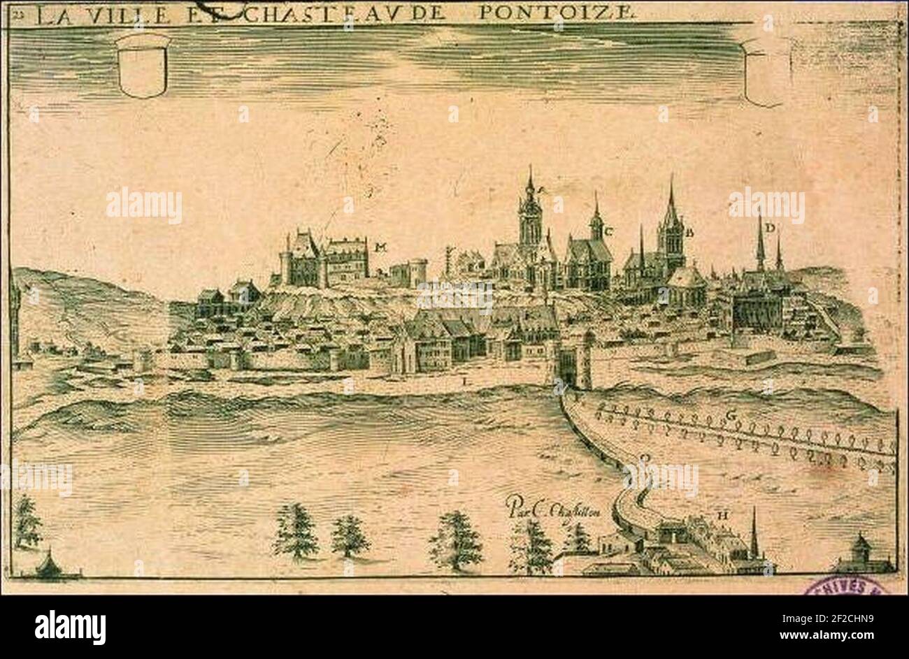 Pontoise plan du 16e siècle. Stock Photo