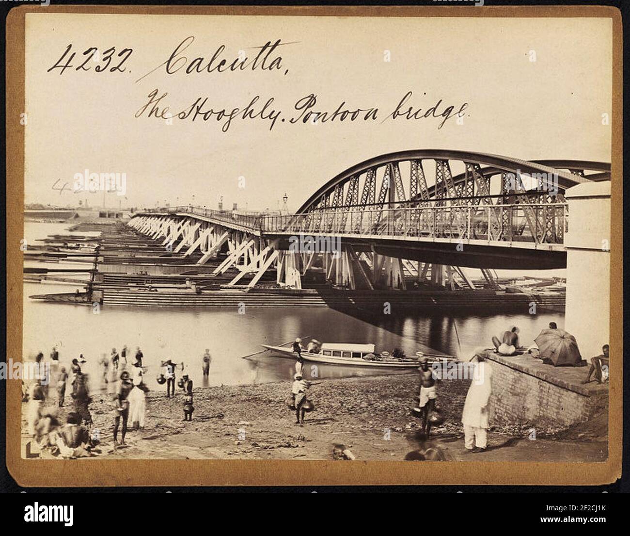 Pontoon bridge on Hooghly River in Calcutta by Francis Frith. Stock Photo