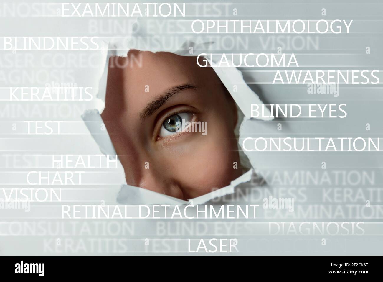 Blue eyed girl looking through ripped paper, conceptual ophthalmology tags blured on background. Template for eye care products design. Stock Photo