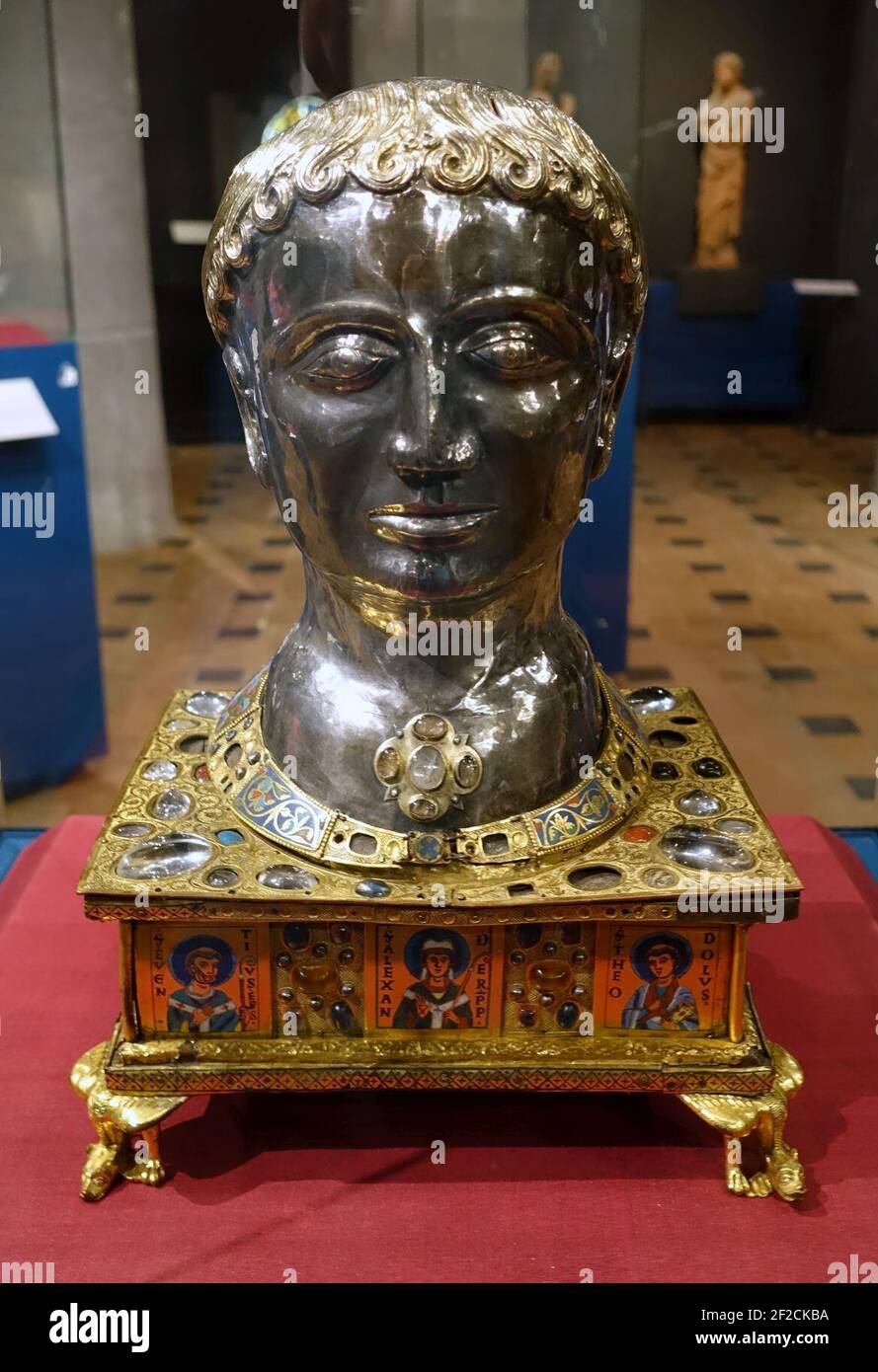Pope Alexander head reliquary, from Abbey Saint-Remacle de Stavelot, Mosan workshop, c. 1145 AD, silver partially gilt, brass, enamel, precious stones Stock Photo
