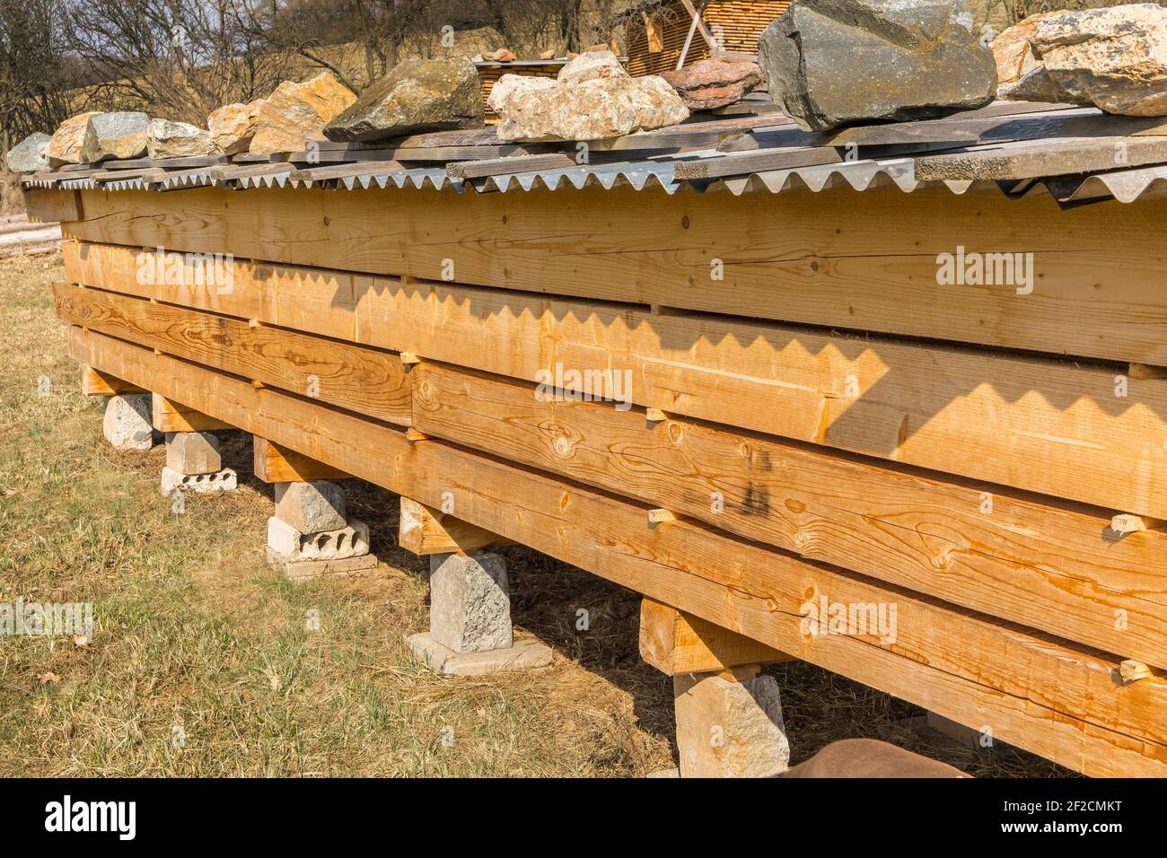 Wooden planks and beams. Airdrying timber stack. Wood air drying. Wood