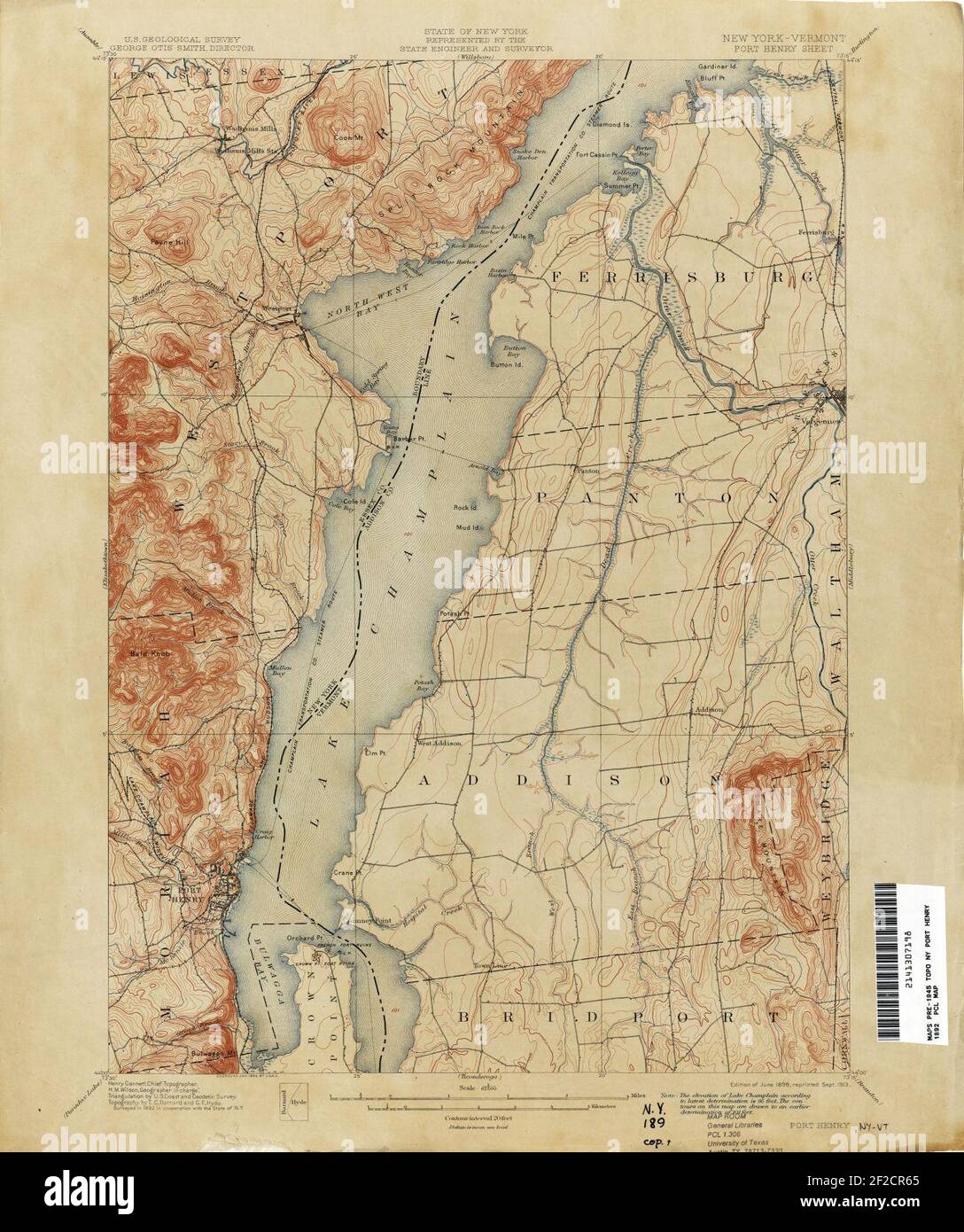 Port Henry New York USGS topo map 1892. Stock Photo