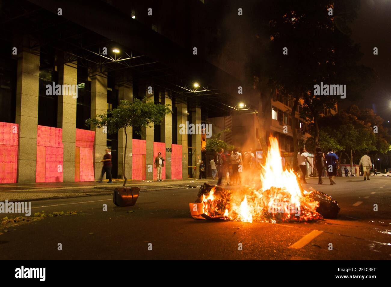 Rio de Janeiro, Brazil - 28 April, 2017: Chaos in the streets of Rio. Demonstrators have set the trash on fire. Massive strikes across the country. Stock Photo