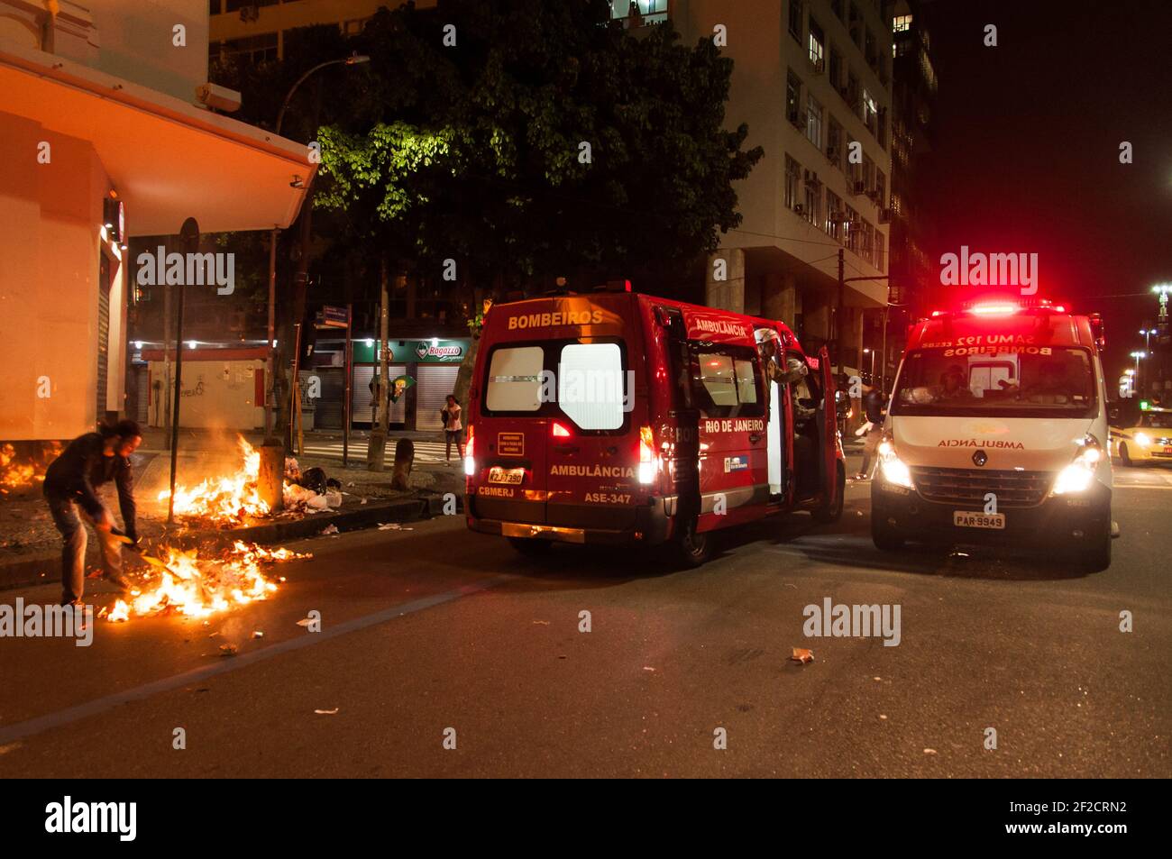 Rio de Janeiro, Brazil - 28 April, 2017: Chaos in the streets of Rio. Demonstrators have set the trash on fire. Massive strikes across the country. Stock Photo