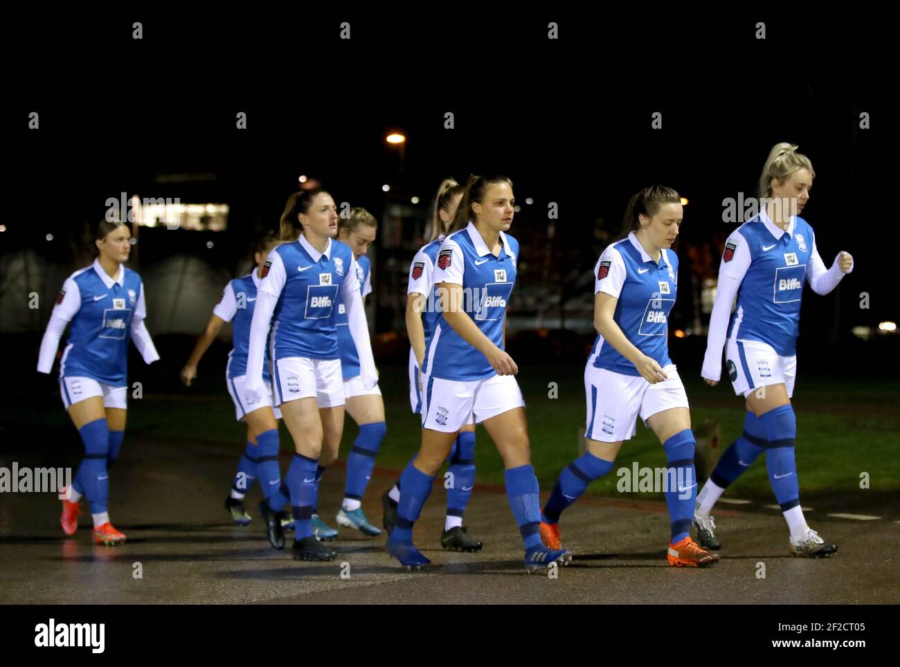 Birmingham City players make their way out onto the pitch ahead of the FA Women's Super League match at the SportNation.bet Stadium, Solihull. Picture date: Thursday March 11, 2021. Stock Photo