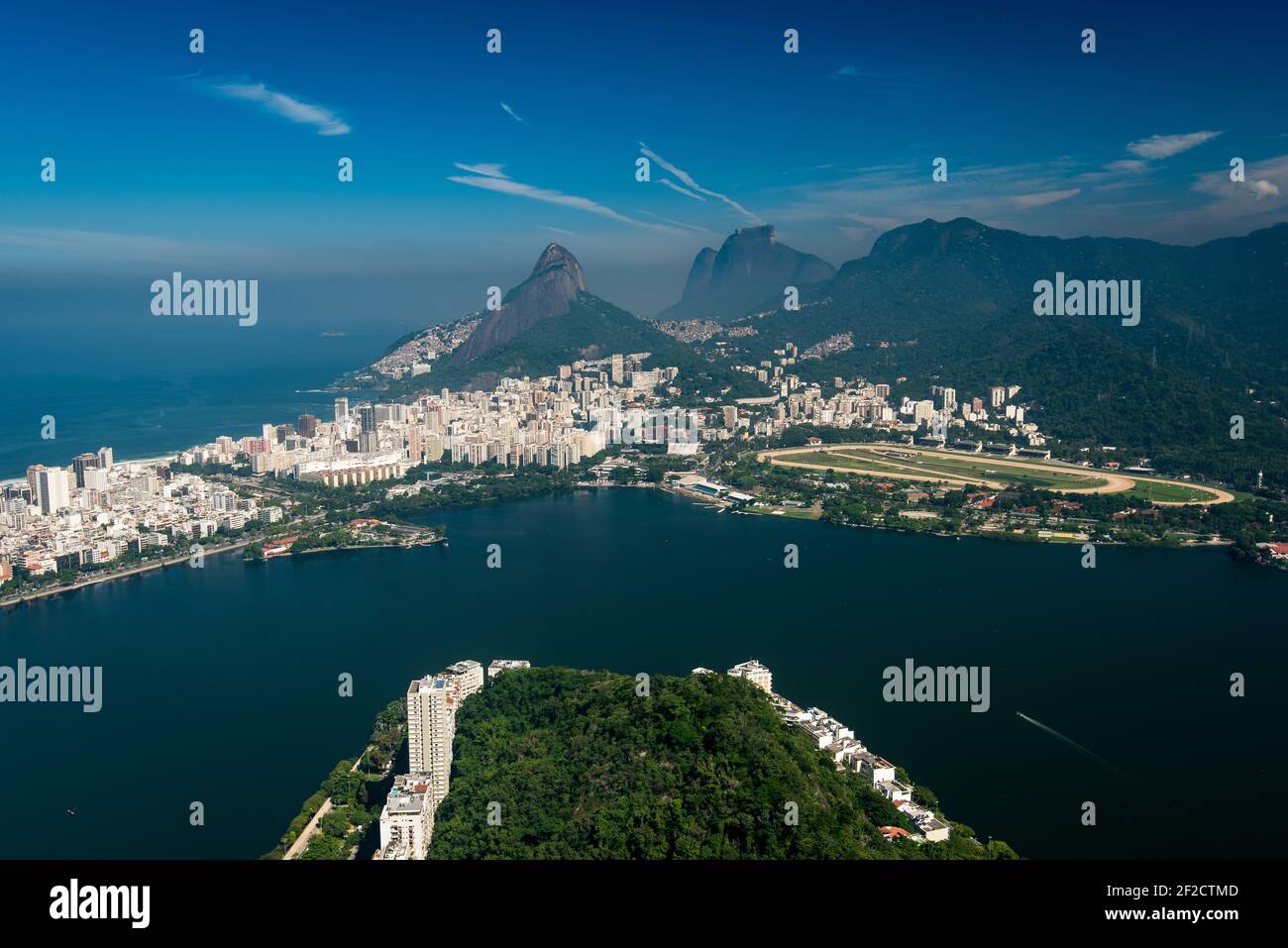 Rodrigo de Freitas Lagoon, Two Brothers and Pedra da Gavea Mountains, Ipanema and Leblon Aerial View, Rio de Janeiro, Brazil Stock Photo