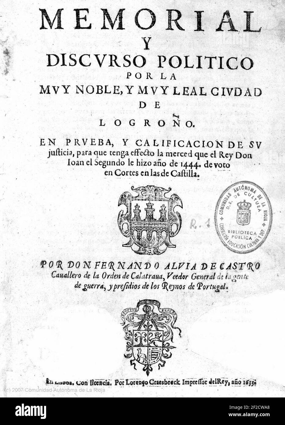 Portada del Memorial por la Ciudad de Logroño de Fernando Albia de Castro (año 1633). Stock Photo