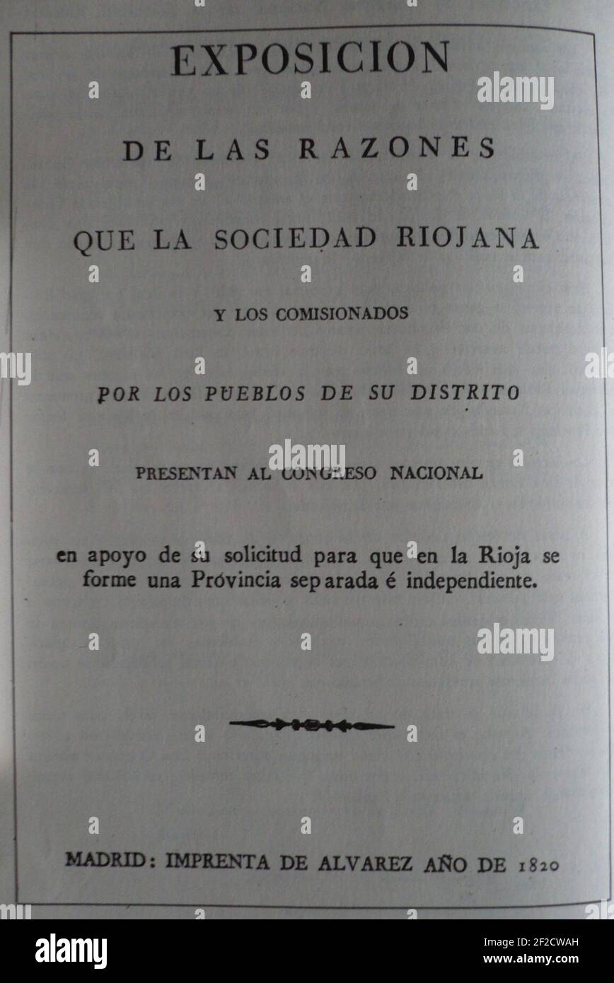 Portada del documento enviado por la Sociedad Riojana de amigos del país al congreso nacional solicitando que en La Rioja se forme una provincia separada y independiente (año 1820). Stock Photo