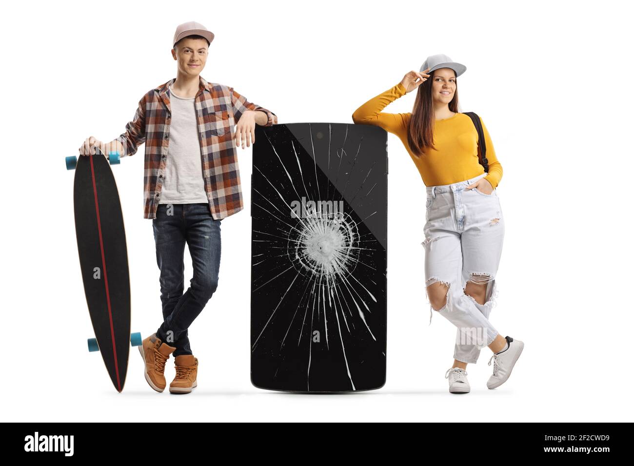 Teenagers leaning on a phone with a broken screen isolated on white background Stock Photo