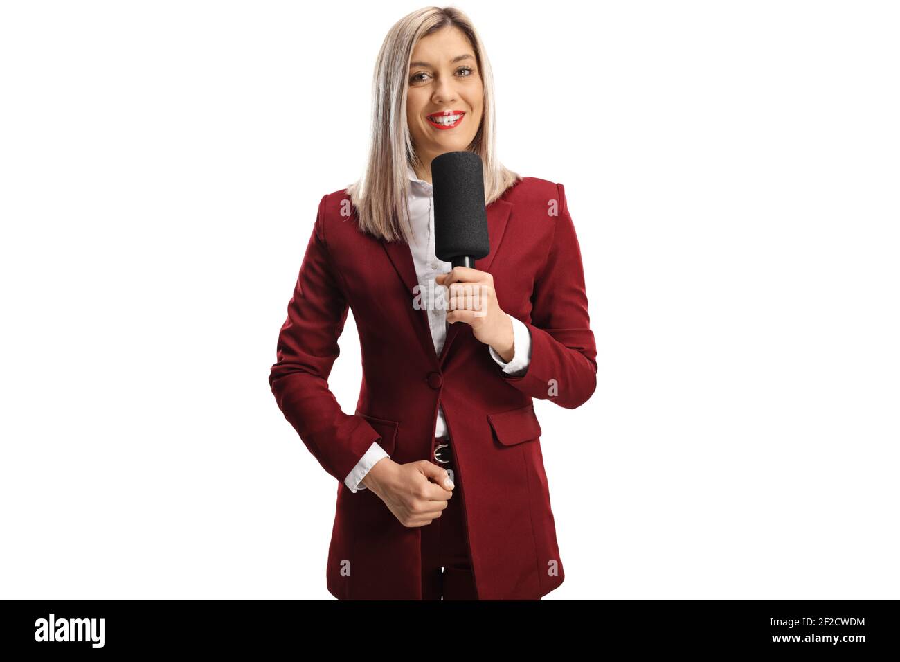 Beautiful female reporter with a microphone isolated on white background Stock Photo