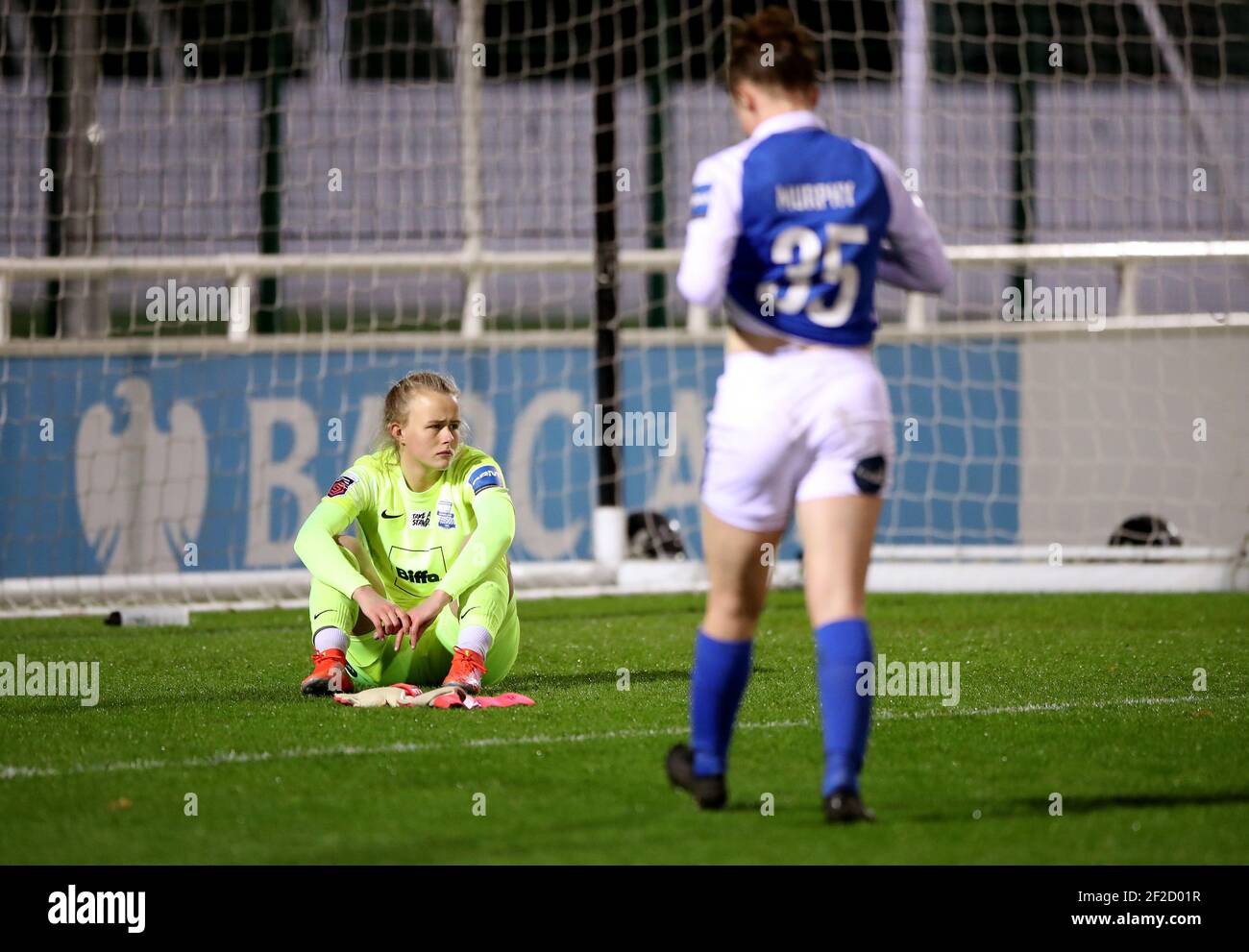 Birmingham City goalkeeper Hannah Hampton (left) appears dejected at the end of the FA Women's Super League match at the SportNation.bet Stadium, Solihull. Picture date: Thursday March 11, 2021. Stock Photo