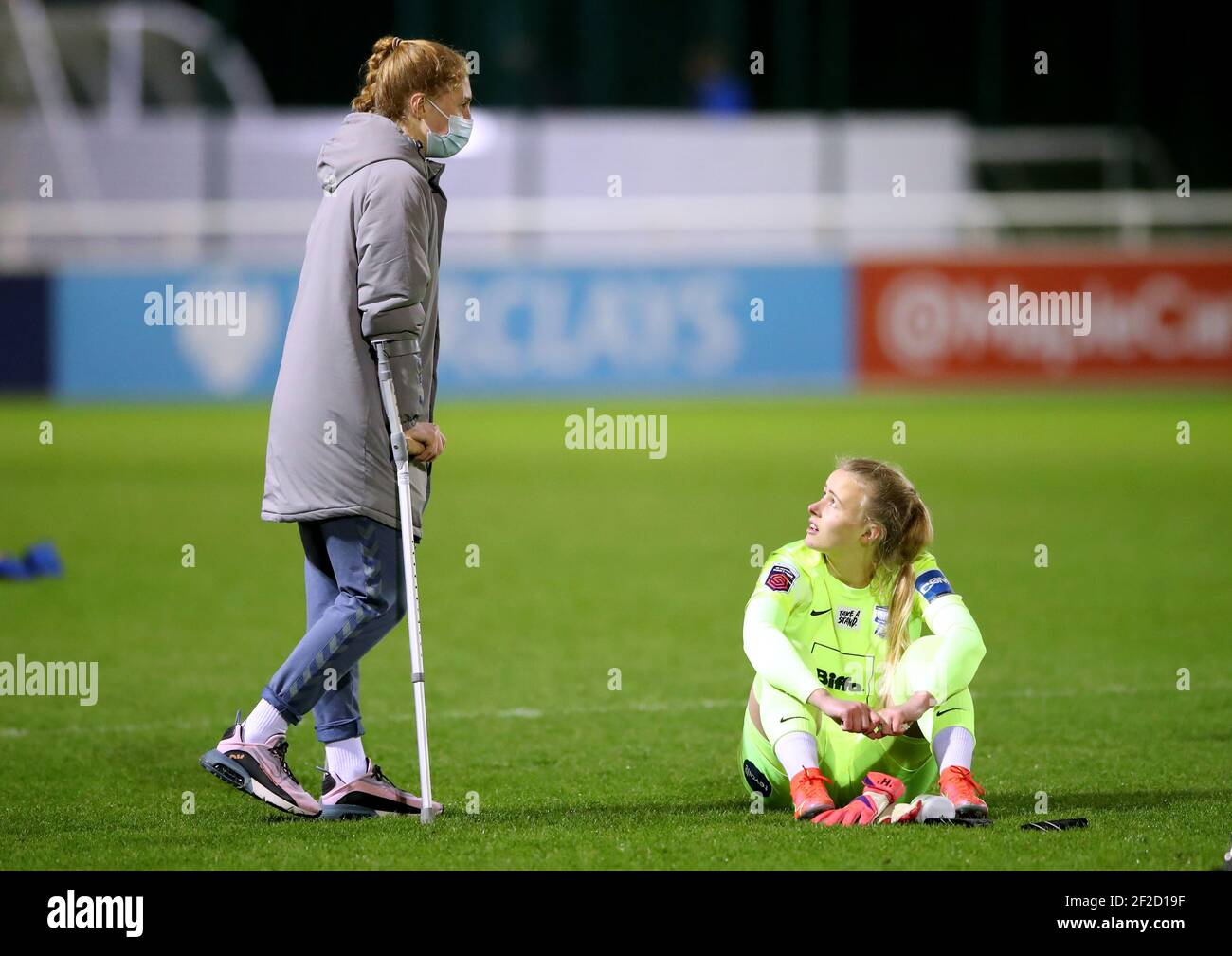 Everton goalkeeper Sandy MacIver (left) speaks to Birmingham City goalkeeper Hannah Hampton at the end of the FA Women's Super League match at the SportNation.bet Stadium, Solihull. Picture date: Thursday March 11, 2021. Stock Photo
